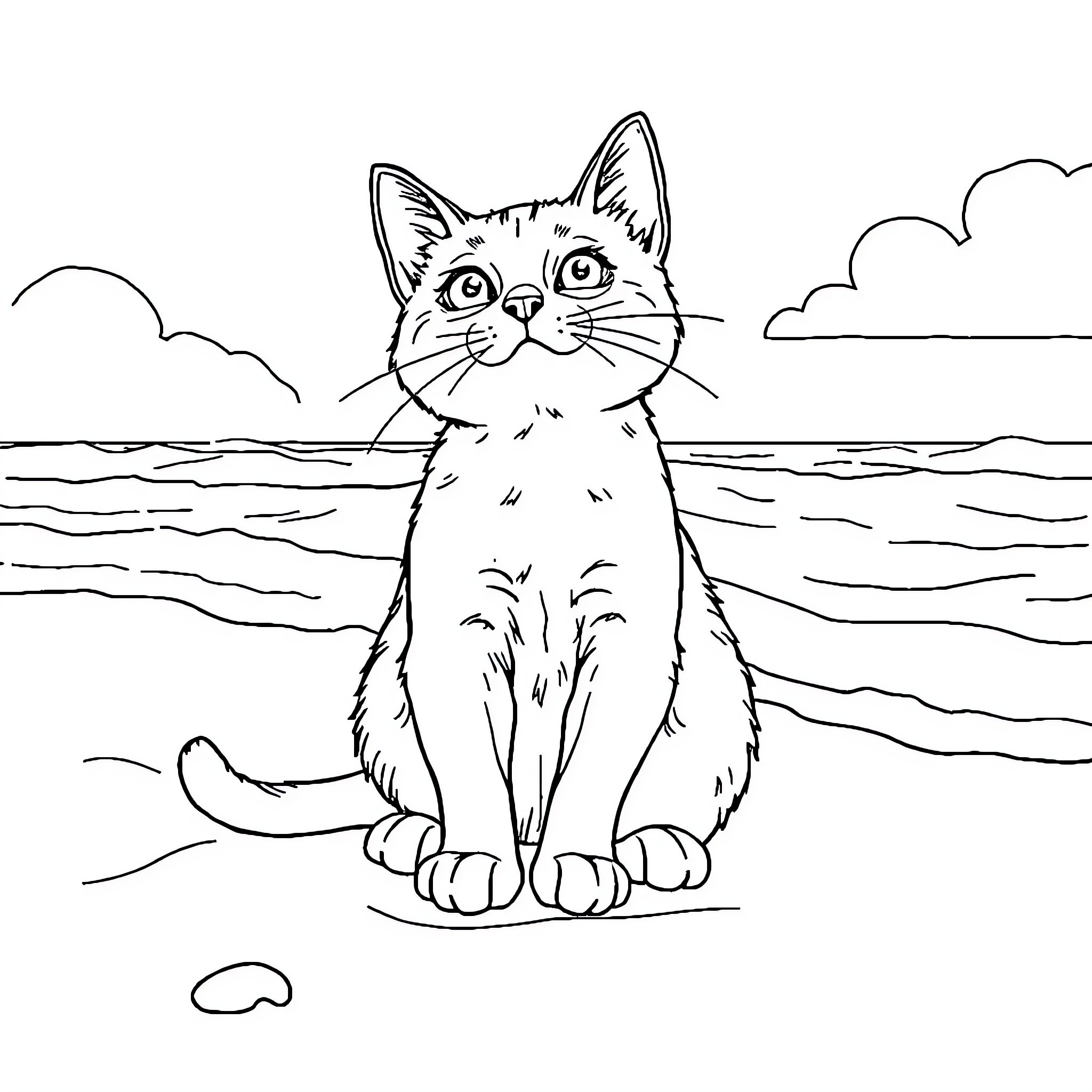 Cat sitting by the seaside Coloring Page (free black-and-white line drawing printable PDF for all, from beginners to advanced learners, including children, teens, adults, and seniors)