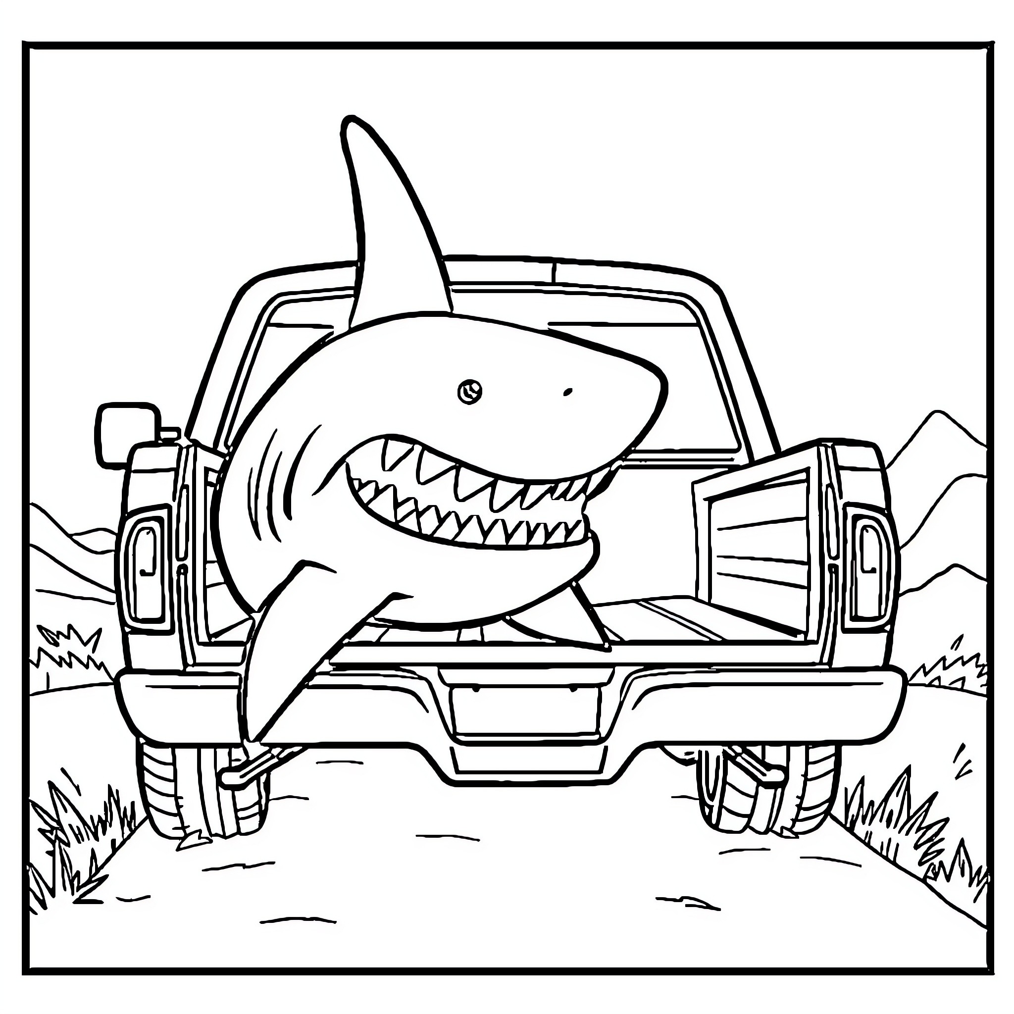 Shark riding in the back of a truck Coloring Page (free black-and-white line drawing printable PDF for all, from beginners to advanced learners, including children, teens, adults, and seniors)