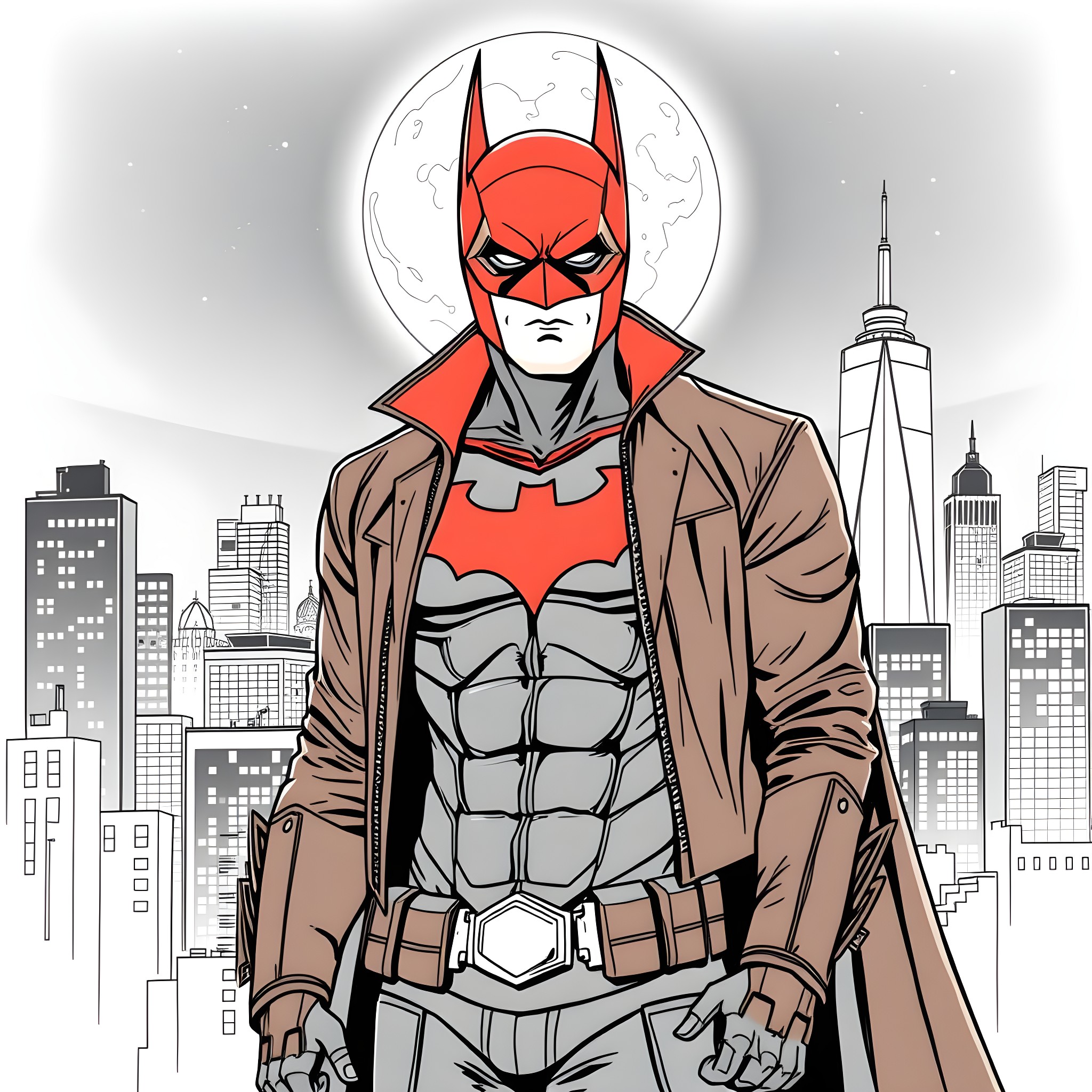 Red Hood Prowling the Cityscape Coloring Page (free black-and-white line drawing printable PDF for all, from beginners to advanced learners, including children, teens, adults, and seniors)