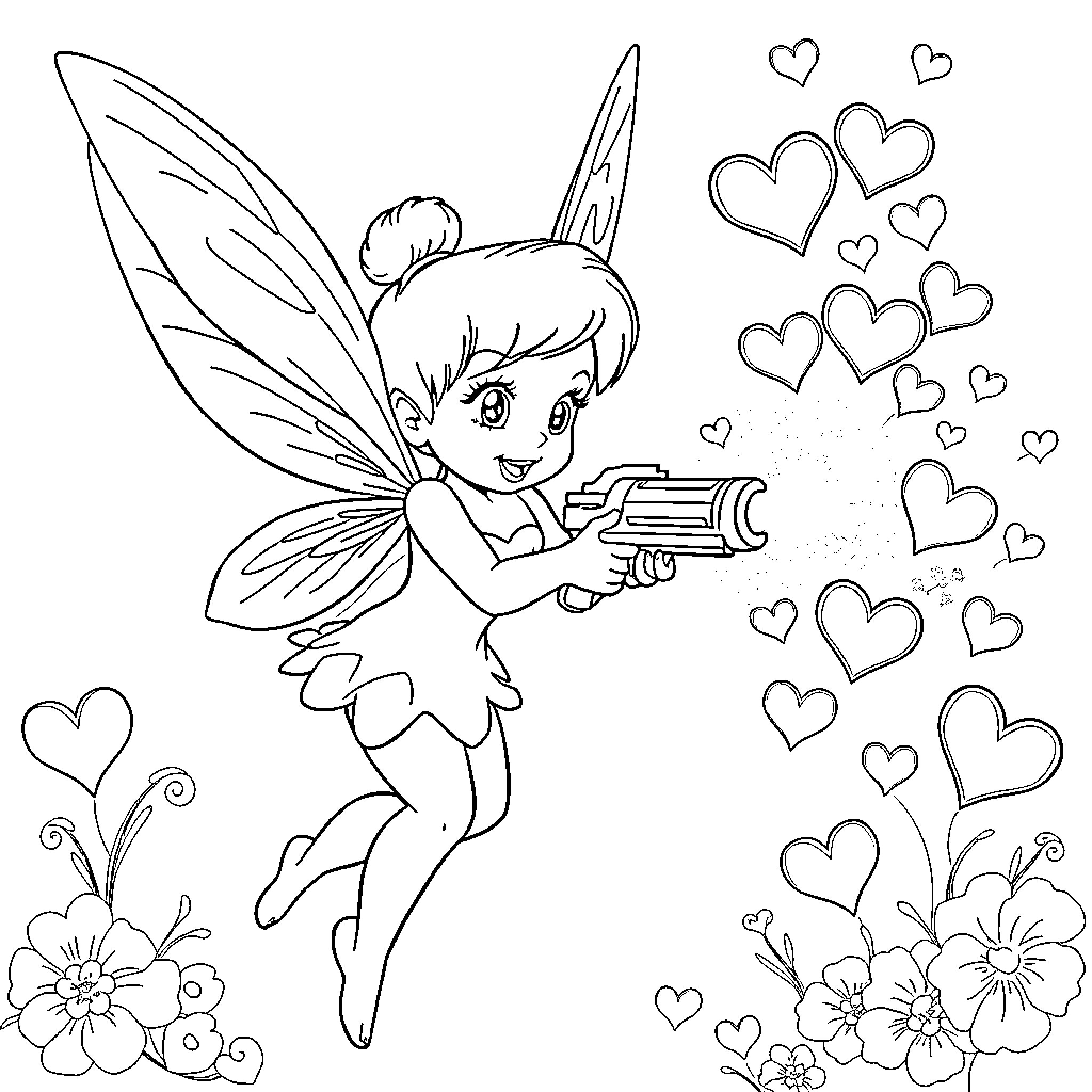 Tinkerbell spreading love and joy with her magic wand Coloring Page (free black-and-white line drawing printable PDF for all, from beginners to advanced learners, including children, teens, adults, and seniors)