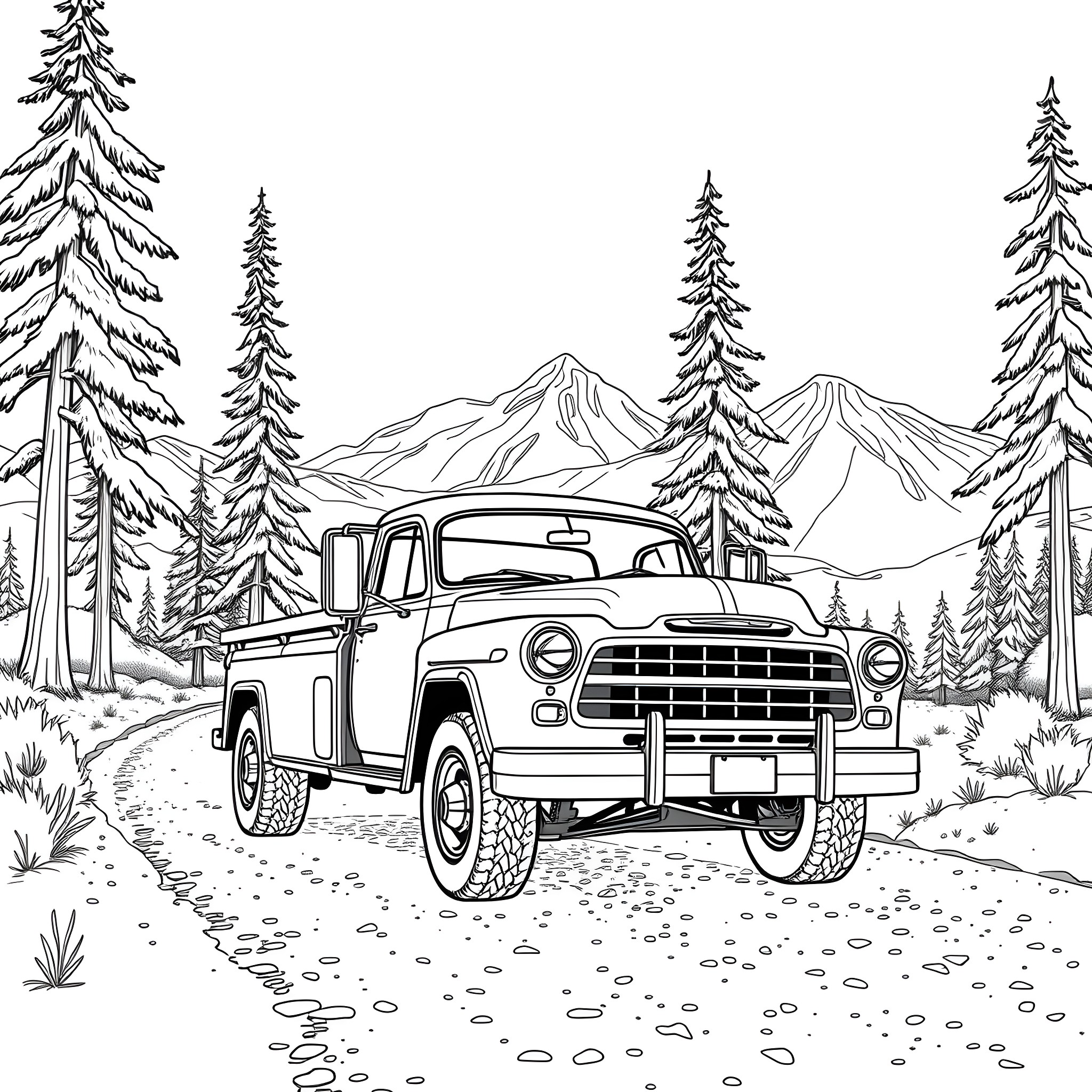 Truck in the Snowy Mountains with Pine Trees Coloring Page (free black-and-white line drawing printable PDF for all, from beginners to advanced learners, including children, teens, adults, and seniors)