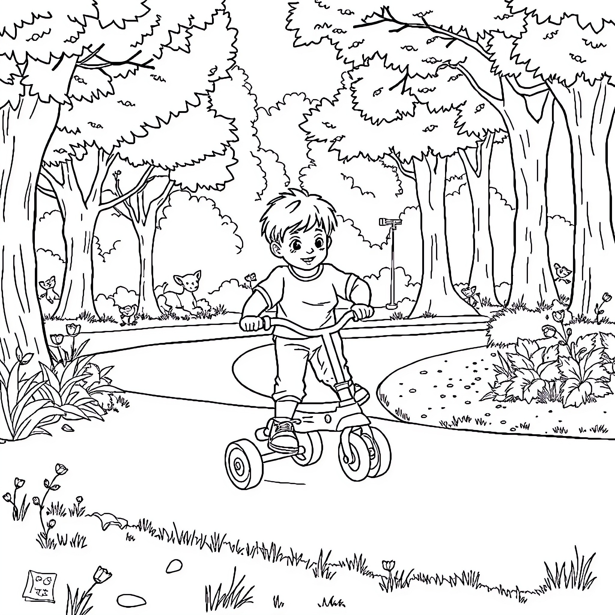 Child playing happily on tricycle in forest Coloring Page (free black-and-white line drawing printable PDF for all, from beginners to advanced learners, including children, teens, adults, and seniors)