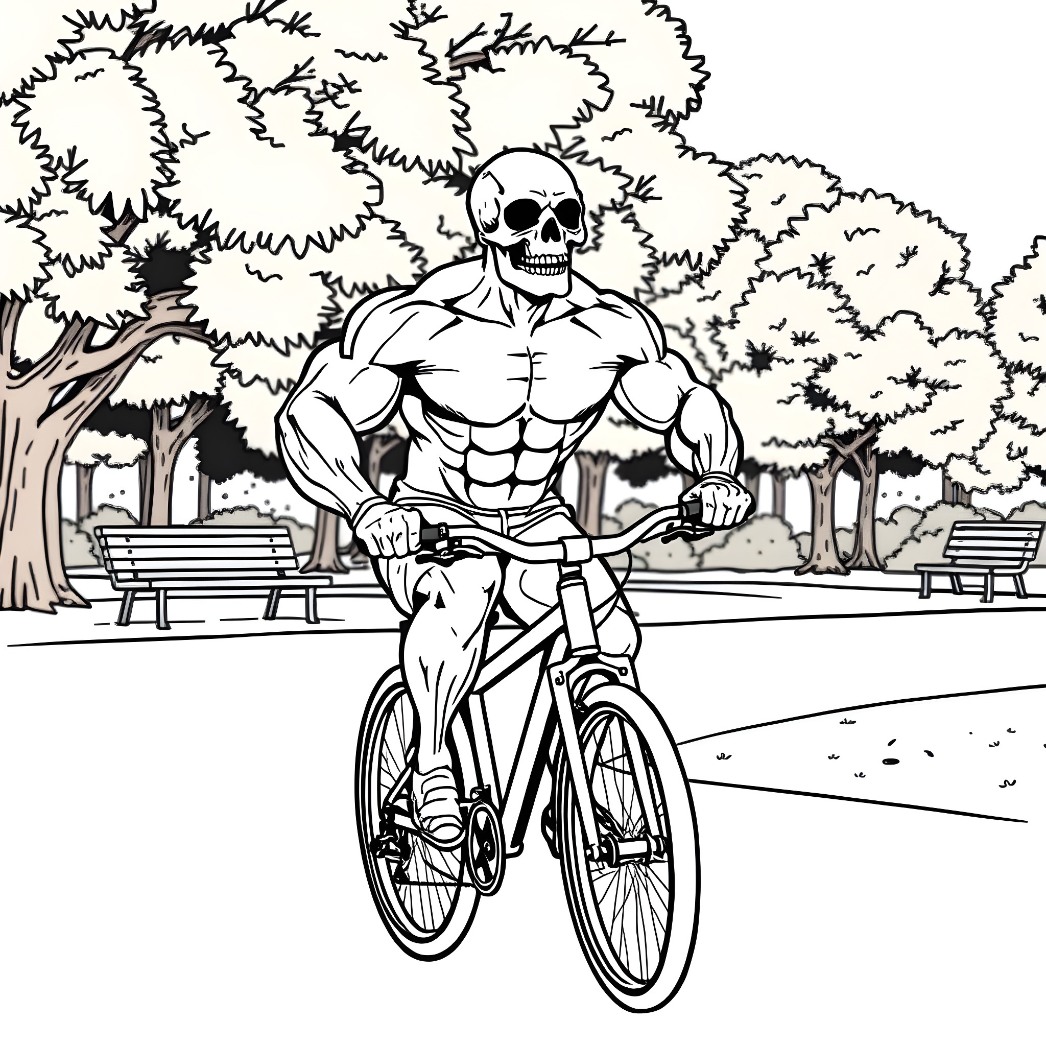 Bodybuilder rides bicycle in park Coloring Page (free black-and-white line drawing printable PDF for all, from beginners to advanced learners, including children, teens, adults, and seniors)