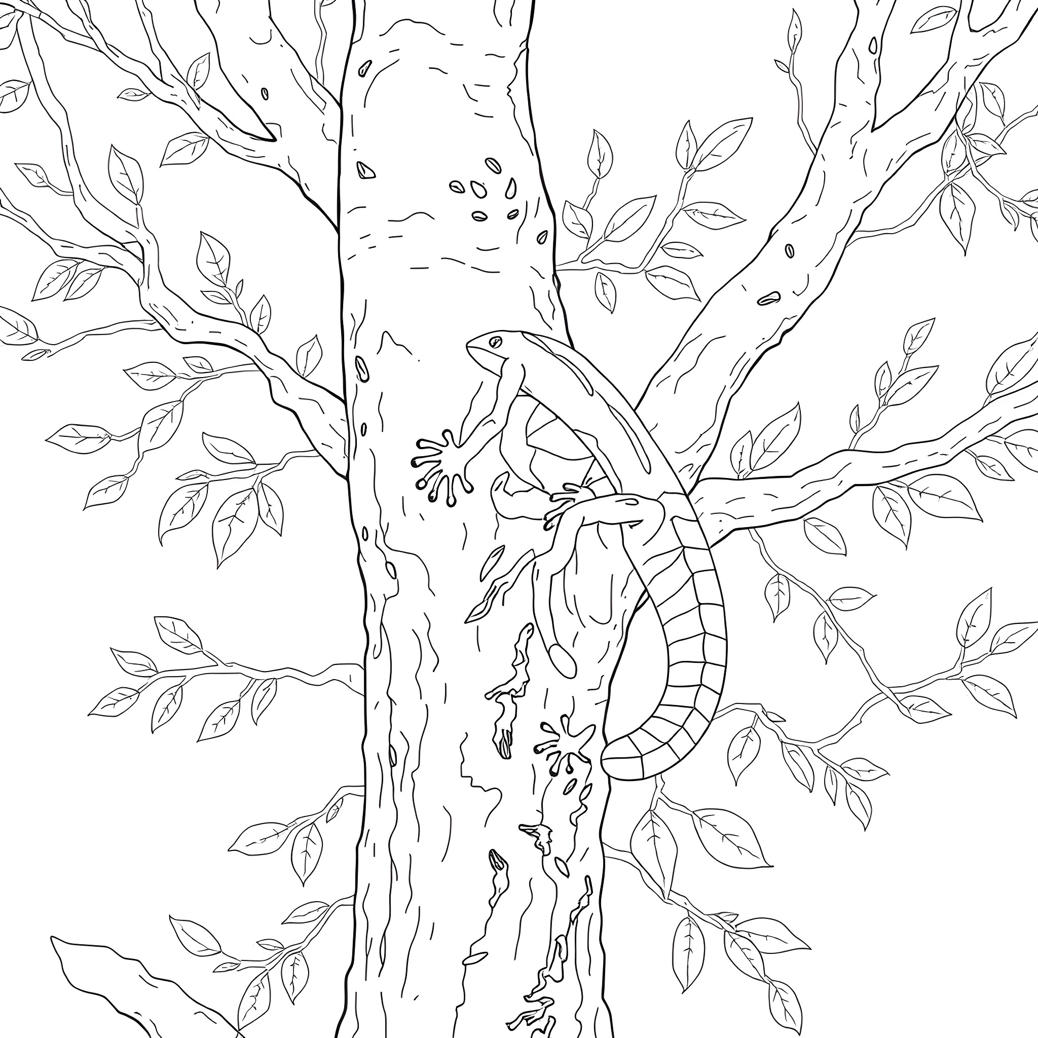 Skink climbing up a tree with leaves Coloring Page (free black-and-white line drawing printable PDF for all, from beginners to advanced learners, including children, teens, adults, and seniors)