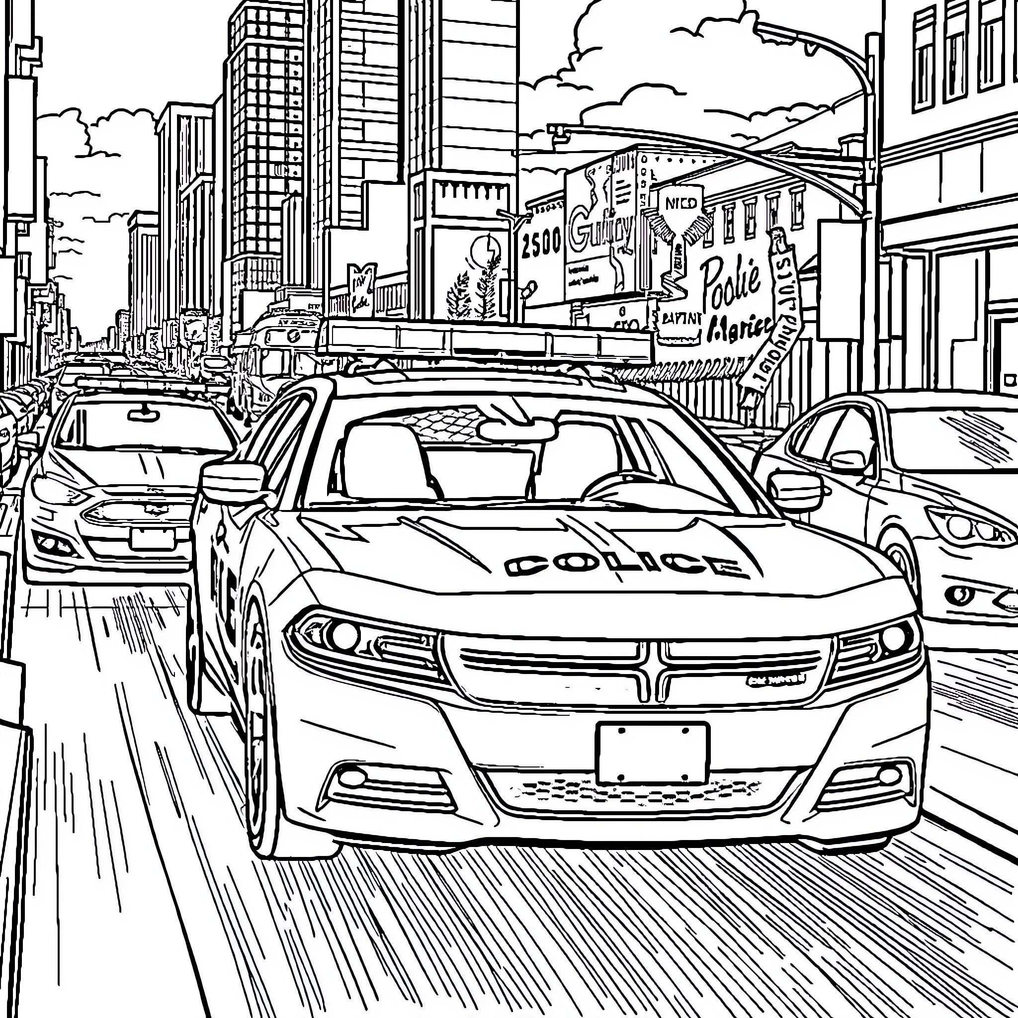 Dodge Charger police car speeding through city streets Coloring Page (free black-and-white line drawing printable PDF for all, from beginners to advanced learners, including children, teens, adults, and seniors)