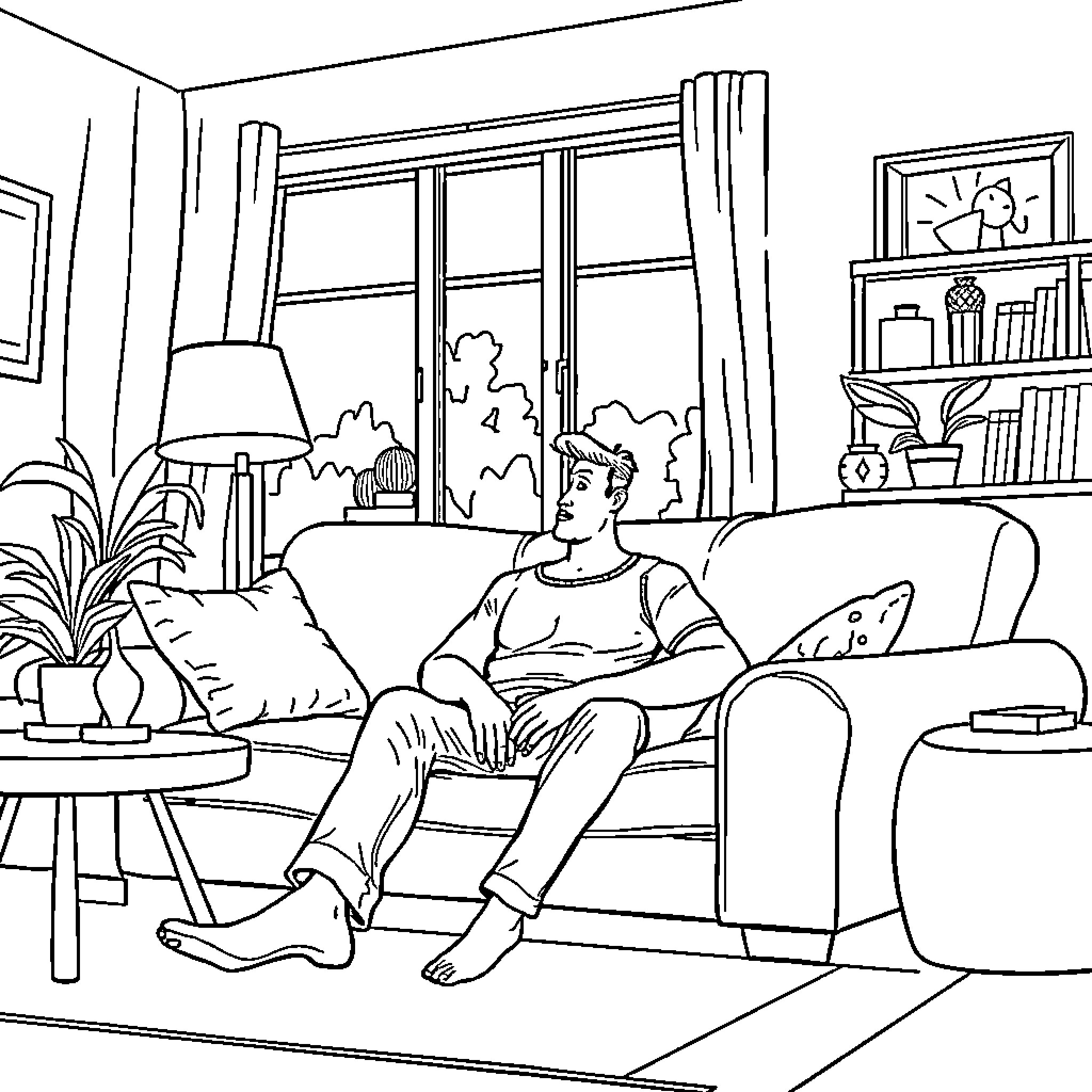 Theo relaxing comfortably in his cozy living room Coloring Page (free black-and-white line drawing printable PDF for all, from beginners to advanced learners, including children, teens, adults, and seniors)