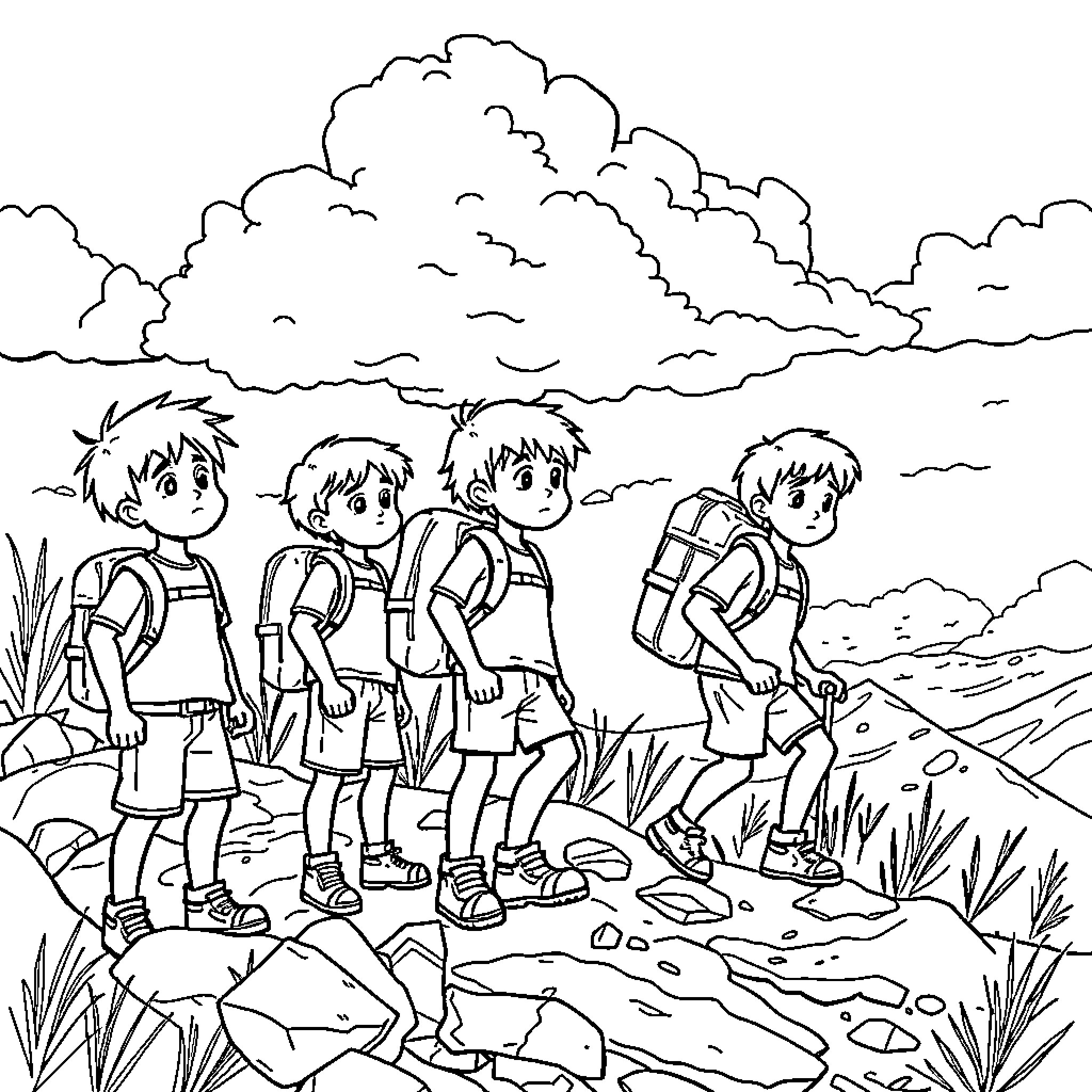 Boys Hiking Through the Countryside Coloring Page (free black-and-white line drawing printable PDF for all, from beginners to advanced learners, including children, teens, adults, and seniors)
