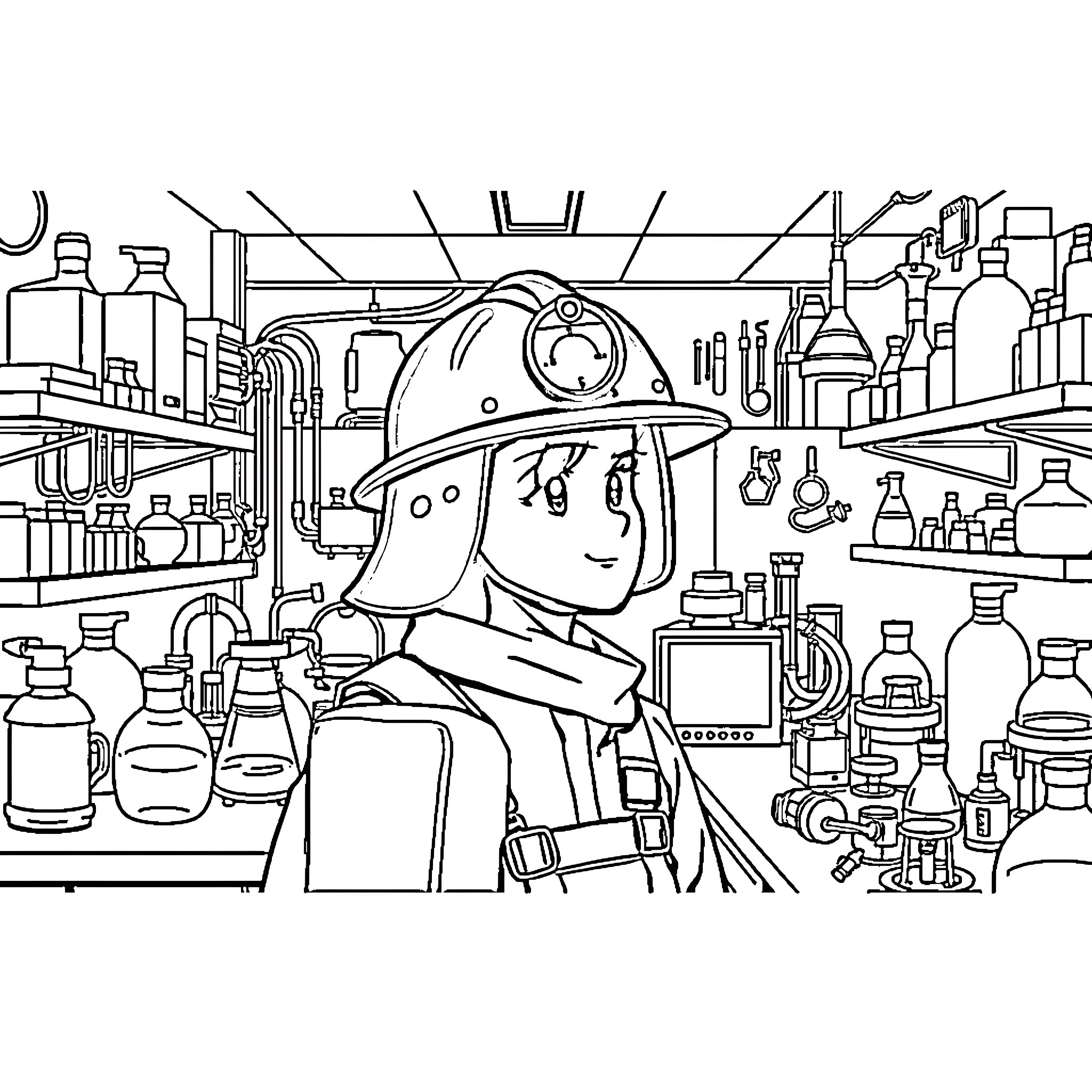 Lab Technician Working Diligently in Science Lab Coloring Page (free black-and-white line drawing printable PDF for all, from beginners to advanced learners, including children, teens, adults, and seniors)
