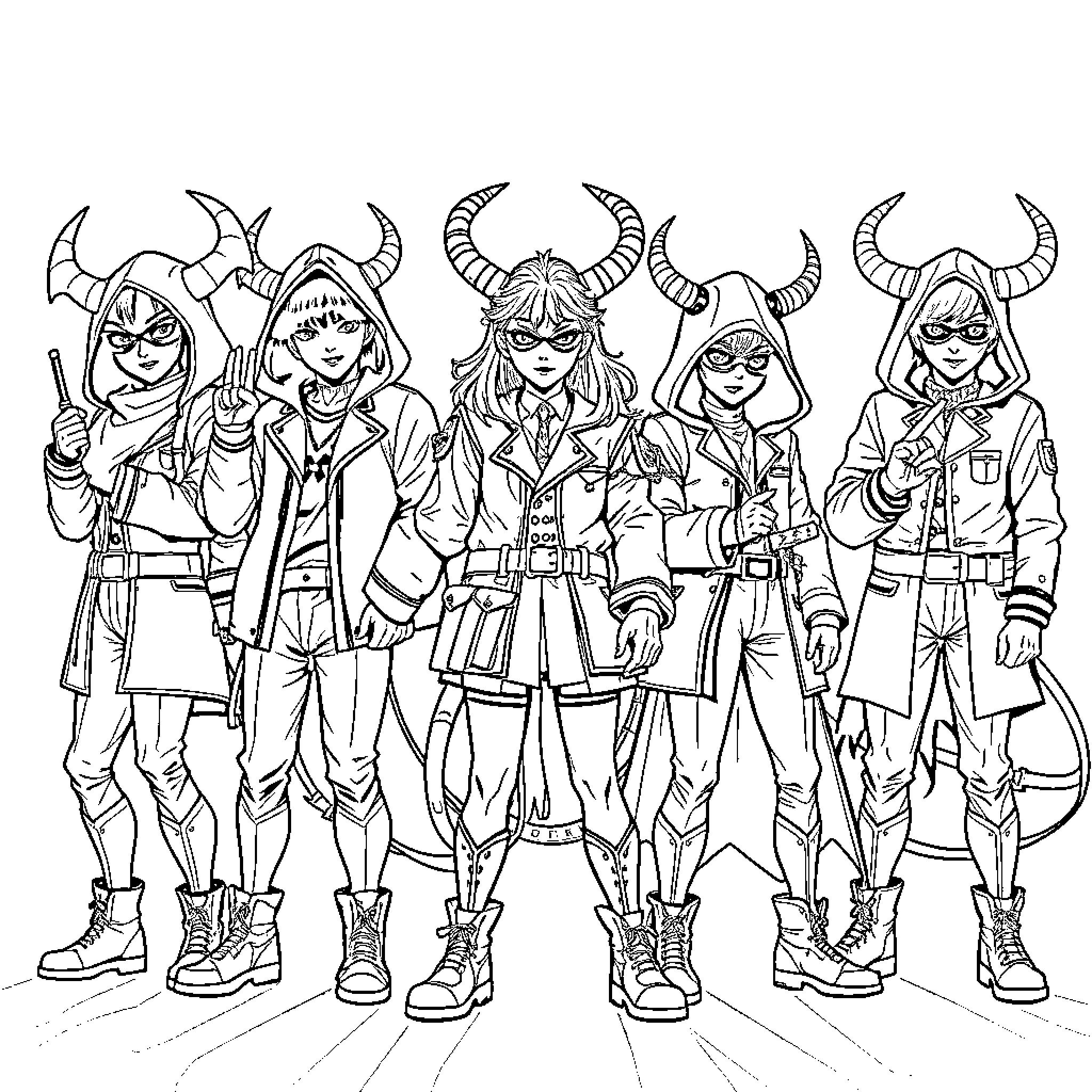 Demon Hunter Squad in Action Poses Coloring Page (free black-and-white line drawing printable PDF for all, from beginners to advanced learners, including children, teens, adults, and seniors)