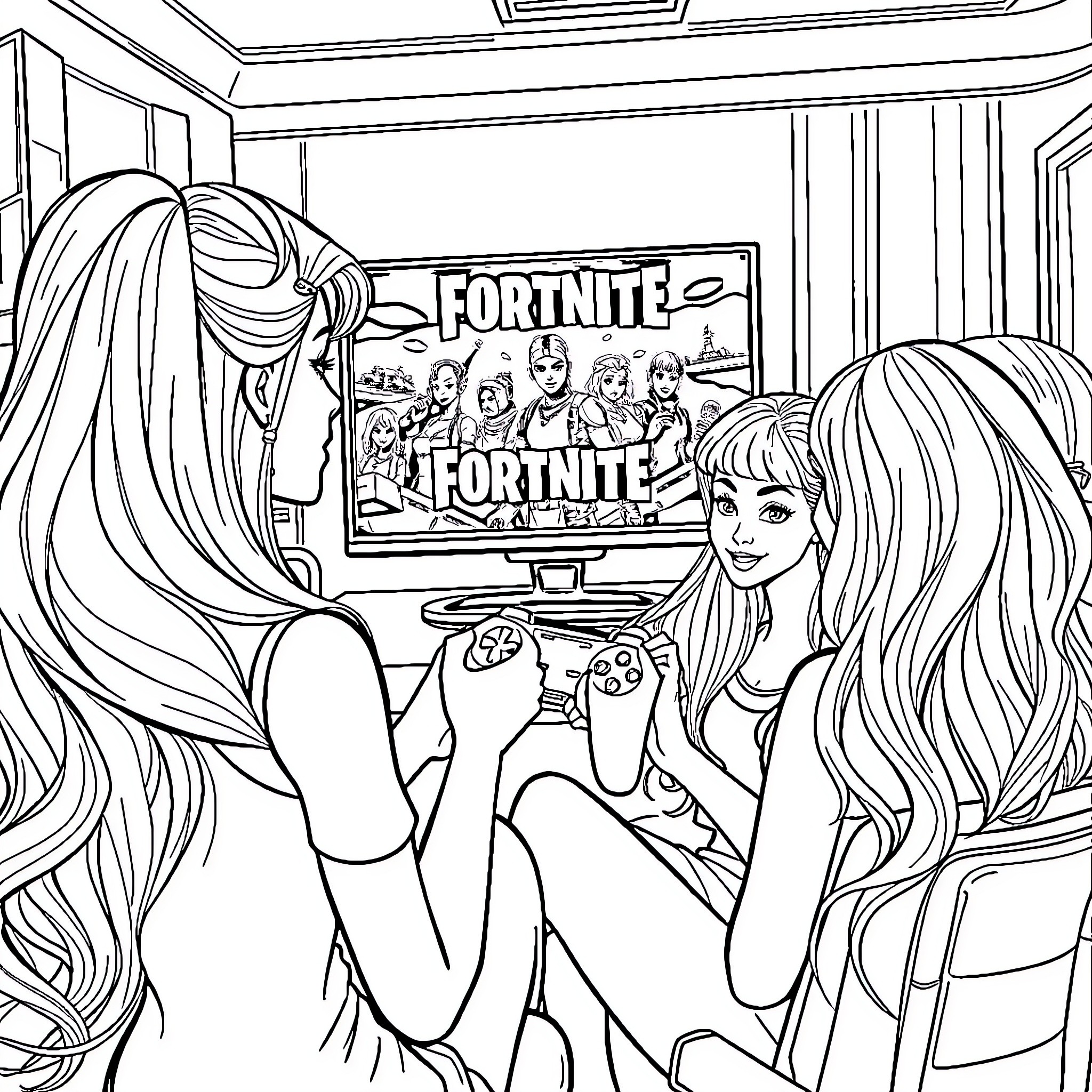 Barbie Girls Playing Fortnite Video Game Coloring Page (free black-and-white line drawing printable PDF for all, from beginners to advanced learners, including children, teens, adults, and seniors)