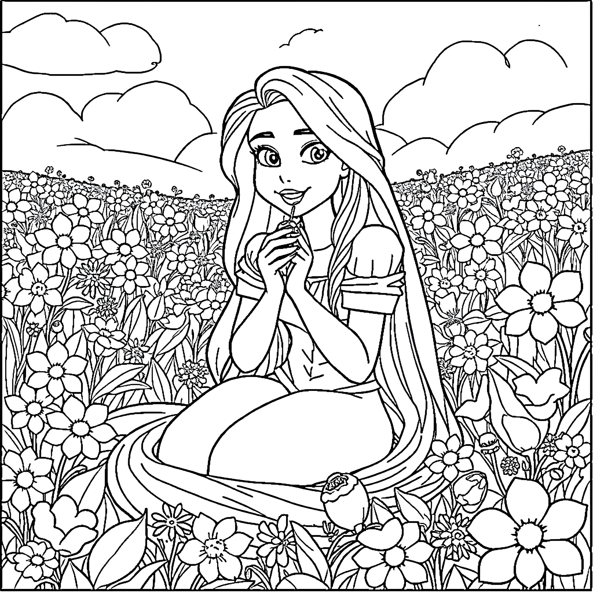Rapunzel sitting in a field of flowers Coloring Page (free black-and-white line drawing printable PDF for all, from beginners to advanced learners, including children, teens, adults, and seniors)