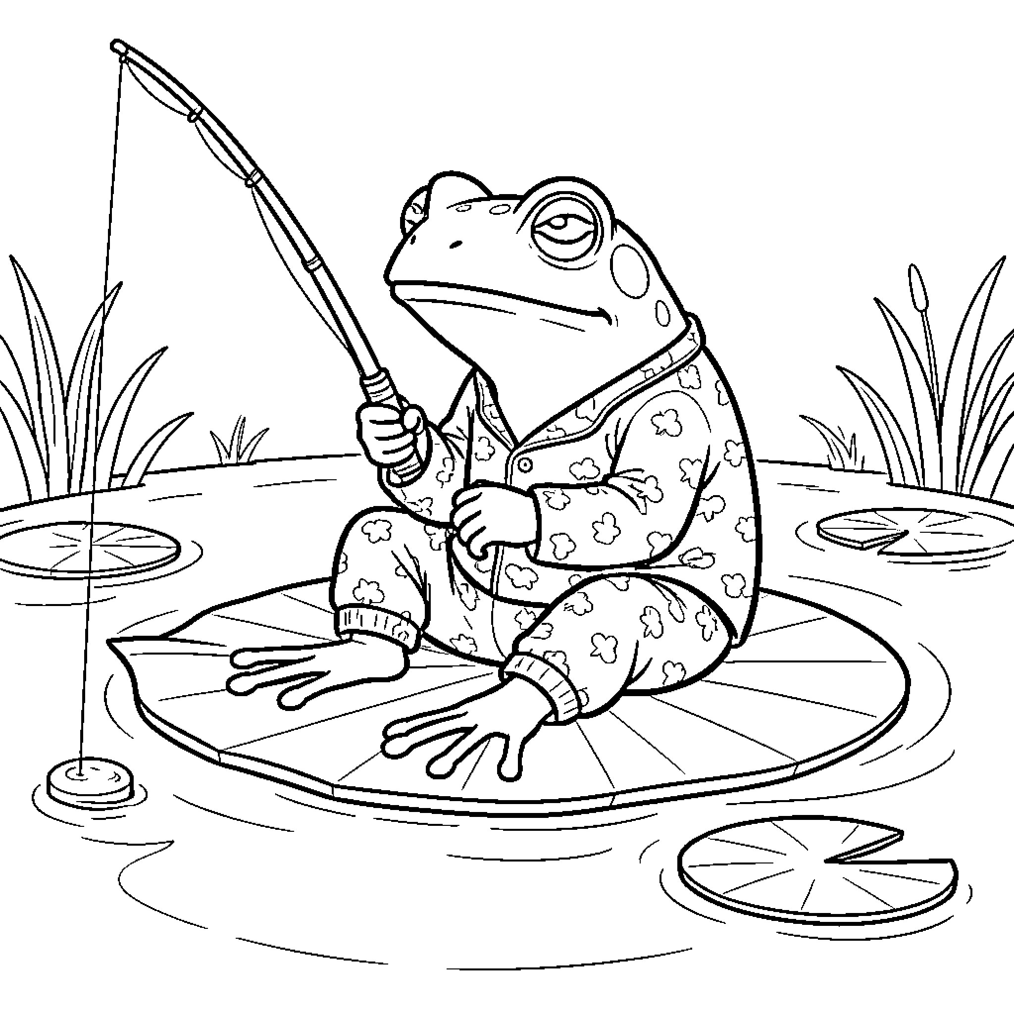 Frog in pajamas fishing from a lily pad Coloring Page (free black-and-white line drawing printable PDF for all, from beginners to advanced learners, including children, teens, adults, and seniors)