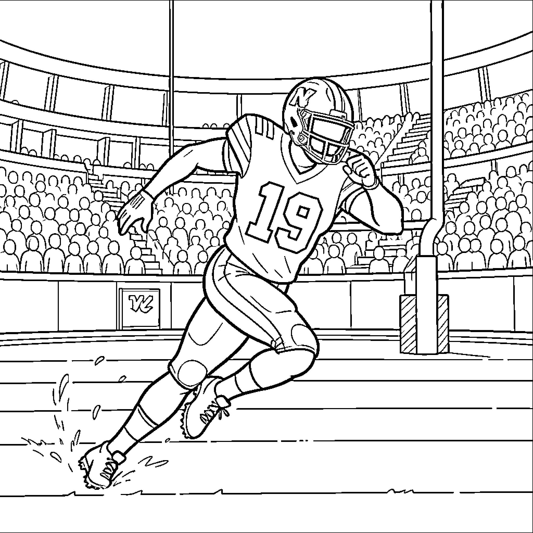 Cornhusker football player running through a crowded stadium Coloring Page (free black-and-white line drawing printable PDF for all, from beginners to advanced learners, including children, teens, adults, and seniors)