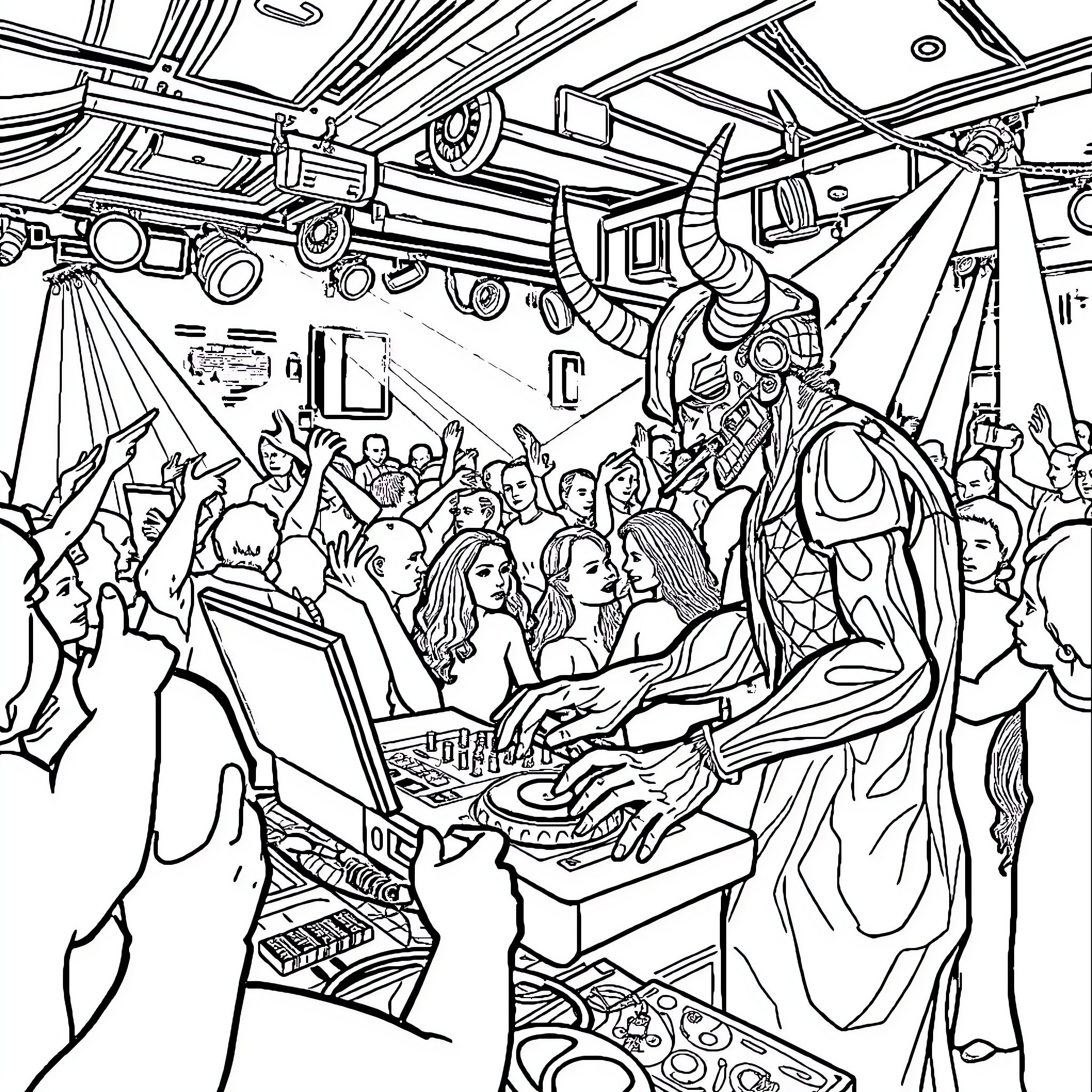 Cthulhu's Cosmic Revelry: An Intergalactic Dance Party Coloring Page (free black-and-white line drawing printable PDF for all, from beginners to advanced learners, including children, teens, adults, and seniors)