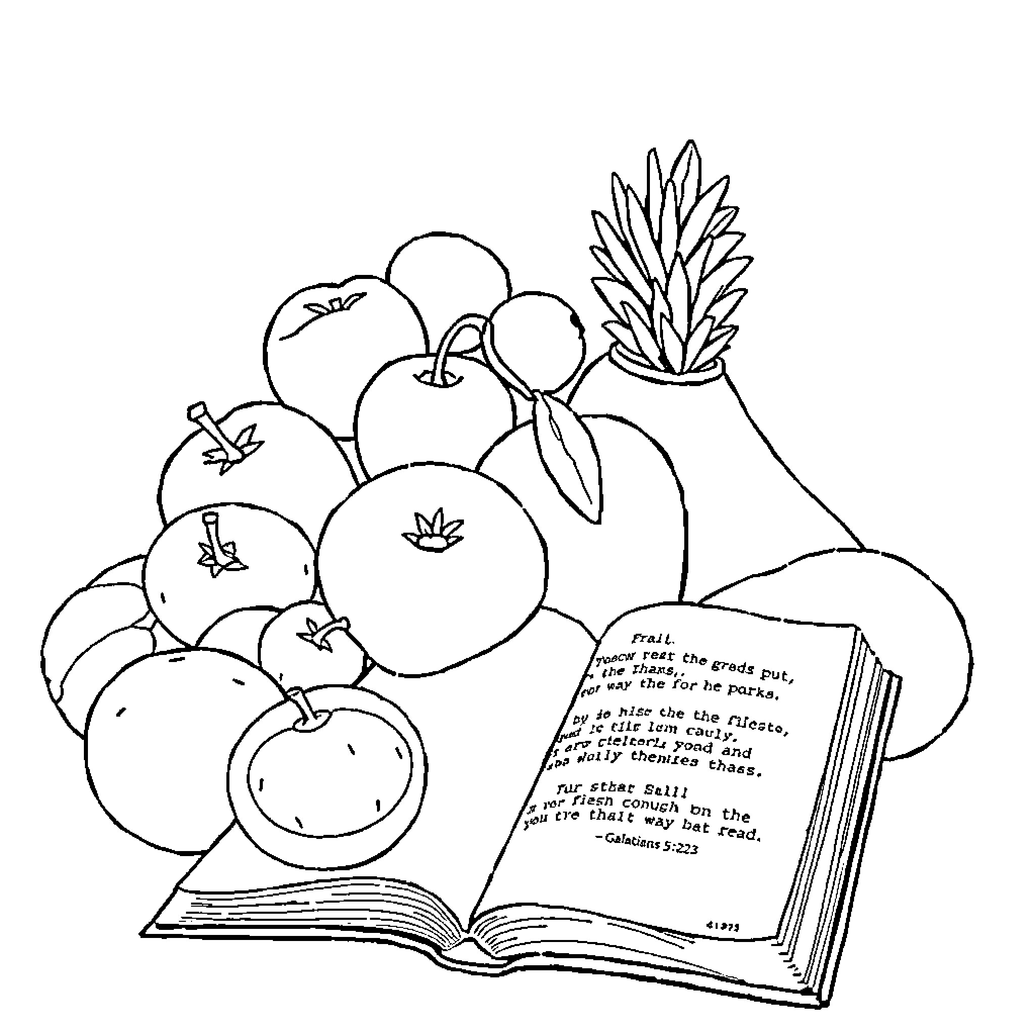 Fruit and open Bible with inspirational text Coloring Page (free black-and-white line drawing printable PDF for all, from beginners to advanced learners, including children, teens, adults, and seniors)