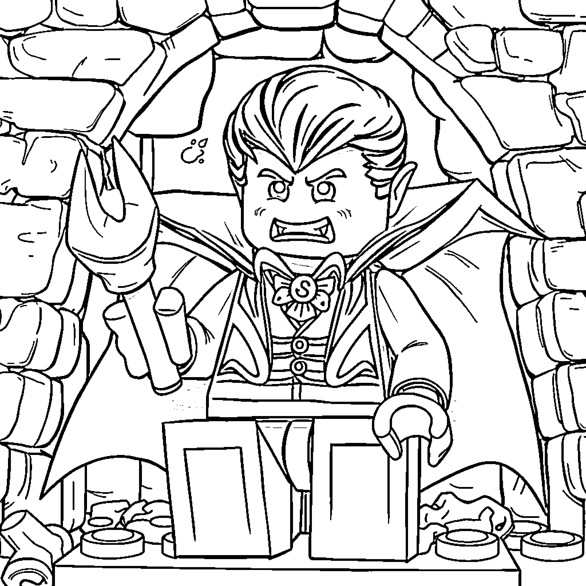 Vampire Lego character in fierce pose Coloring Page (free black-and-white line drawing printable PDF for all, from beginners to advanced learners, including children, teens, adults, and seniors)