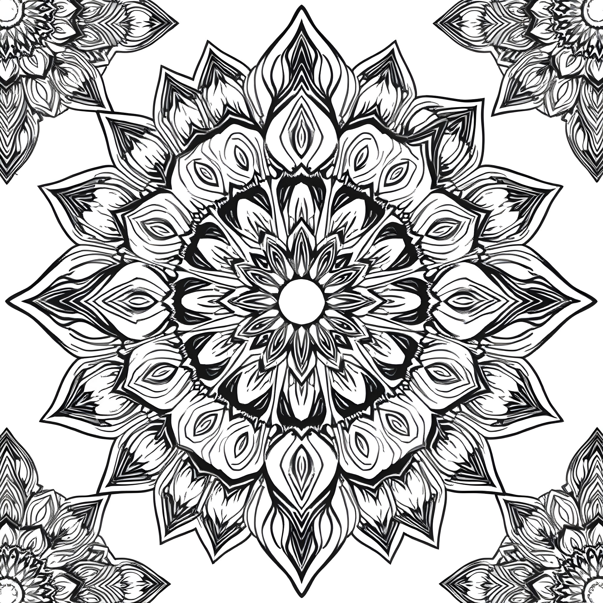 Mandalas with intricate floral designs Coloring Page (free black-and-white line drawing printable PDF for all, from beginners to advanced learners, including children, teens, adults, and seniors)