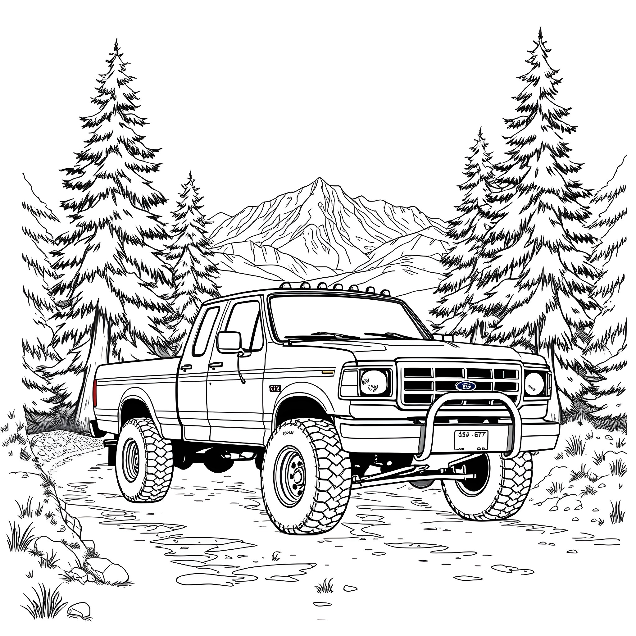 Powerstroke Truck Navigating Rugged Mountain Terrain Coloring Page (free black-and-white line drawing printable PDF for all, from beginners to advanced learners, including children, teens, adults, and seniors)