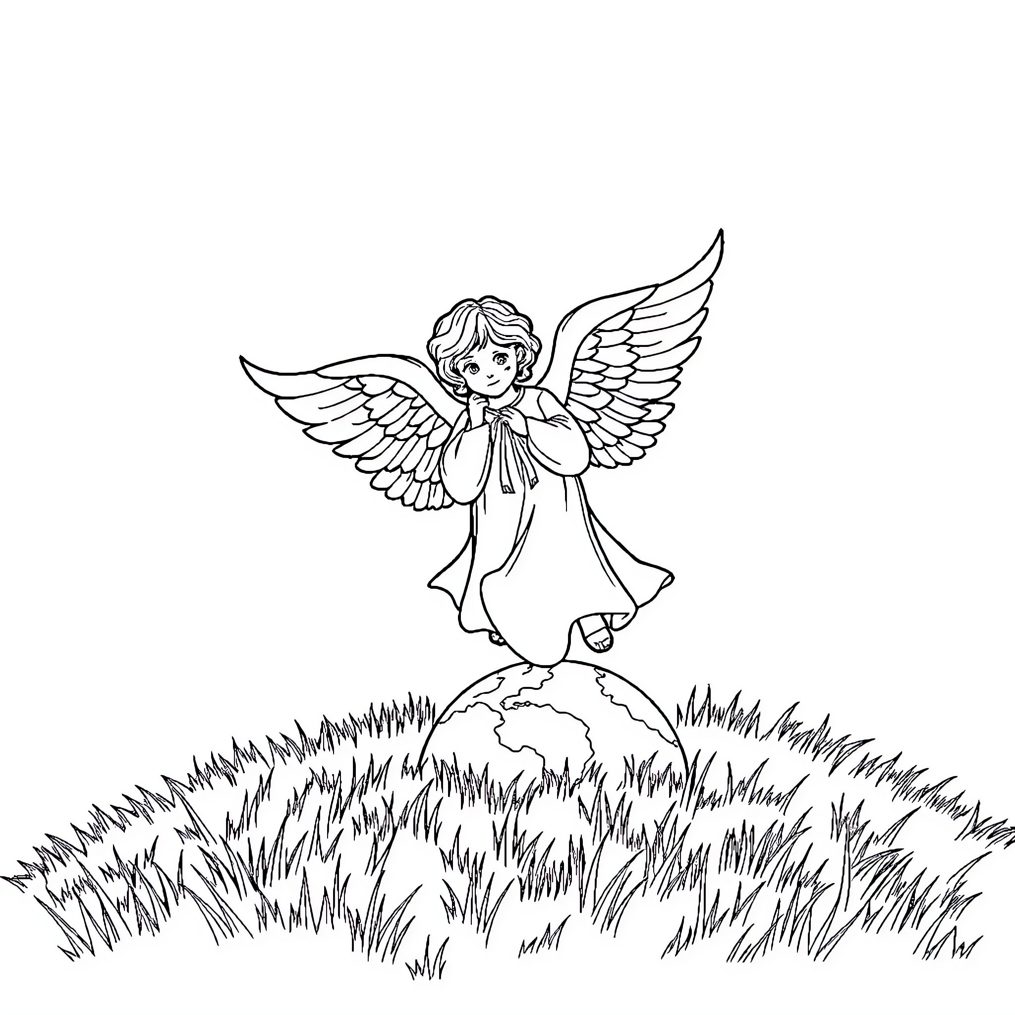 Angel spreading wings with joyful expression Coloring Page (free black-and-white line drawing printable PDF for all, from beginners to advanced learners, including children, teens, adults, and seniors)