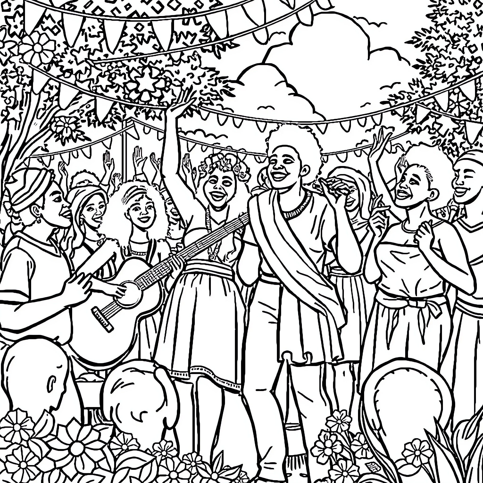 Juneteenth celebration with music, dance, and festive decorations Coloring Page (free black-and-white line drawing printable PDF for all, from beginners to advanced learners, including children, teens, adults, and seniors)