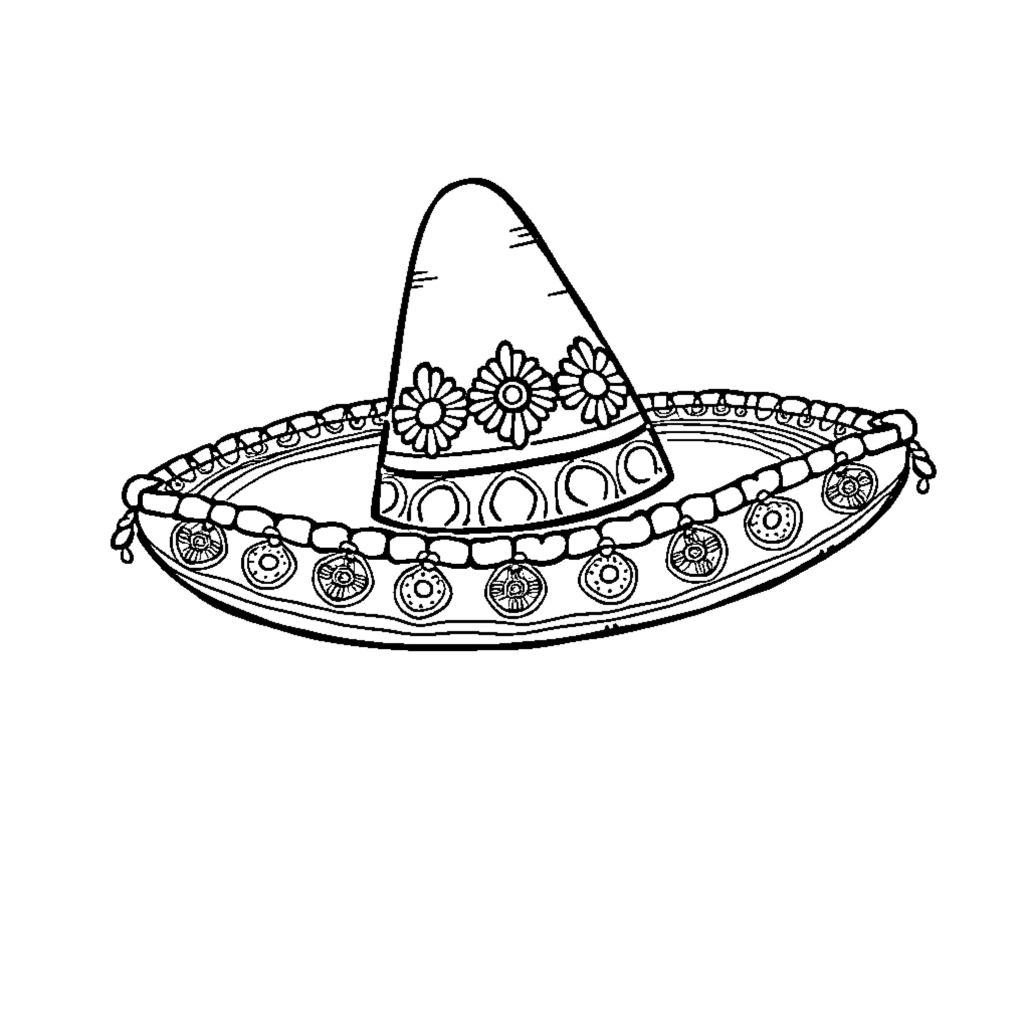 Sombrero with floral decorations Coloring Page (free black-and-white line drawing printable PDF for all, from beginners to advanced learners, including children, teens, adults, and seniors)