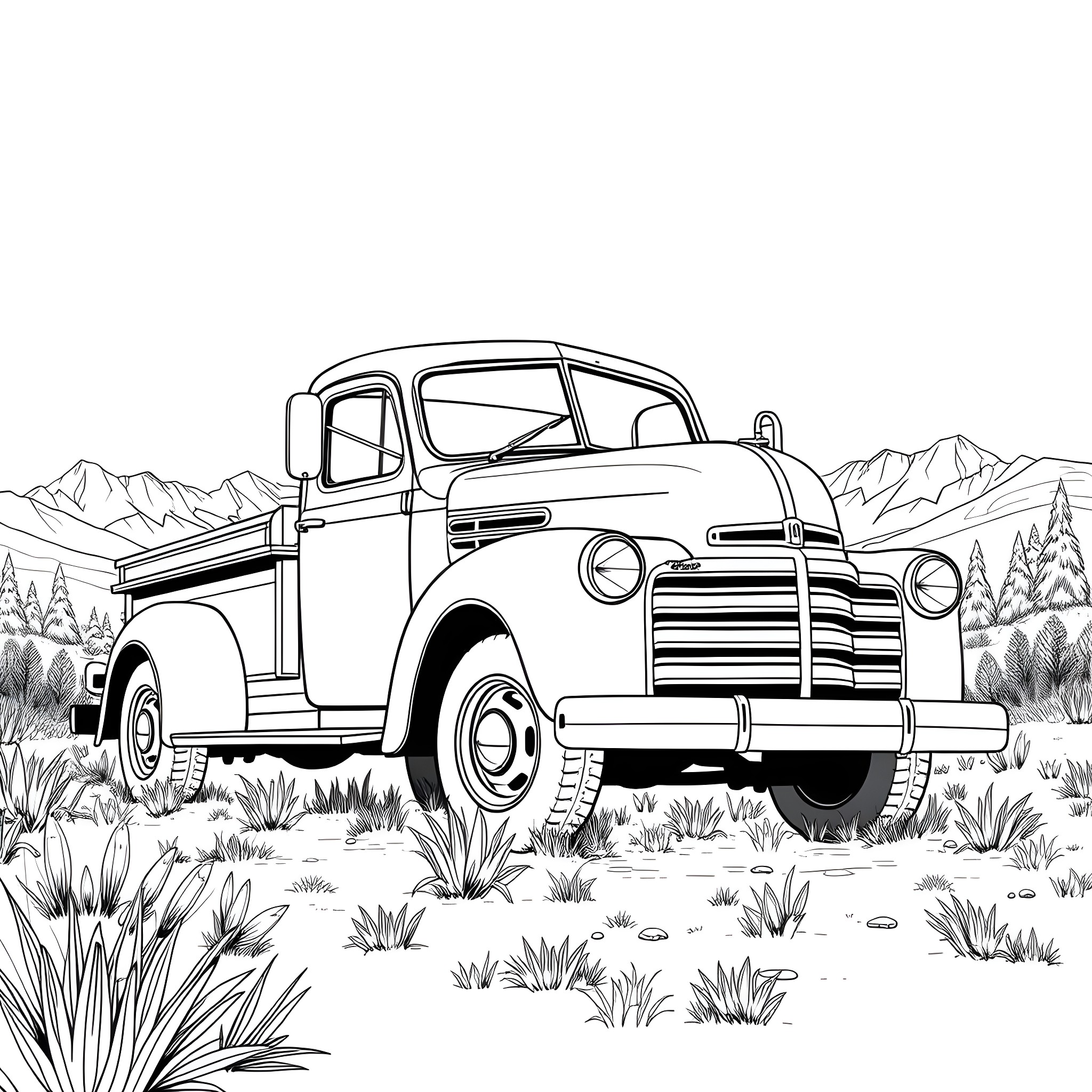 Truck in a scenic mountain landscape Coloring Page (free black-and-white line drawing printable PDF for all, from beginners to advanced learners, including children, teens, adults, and seniors)