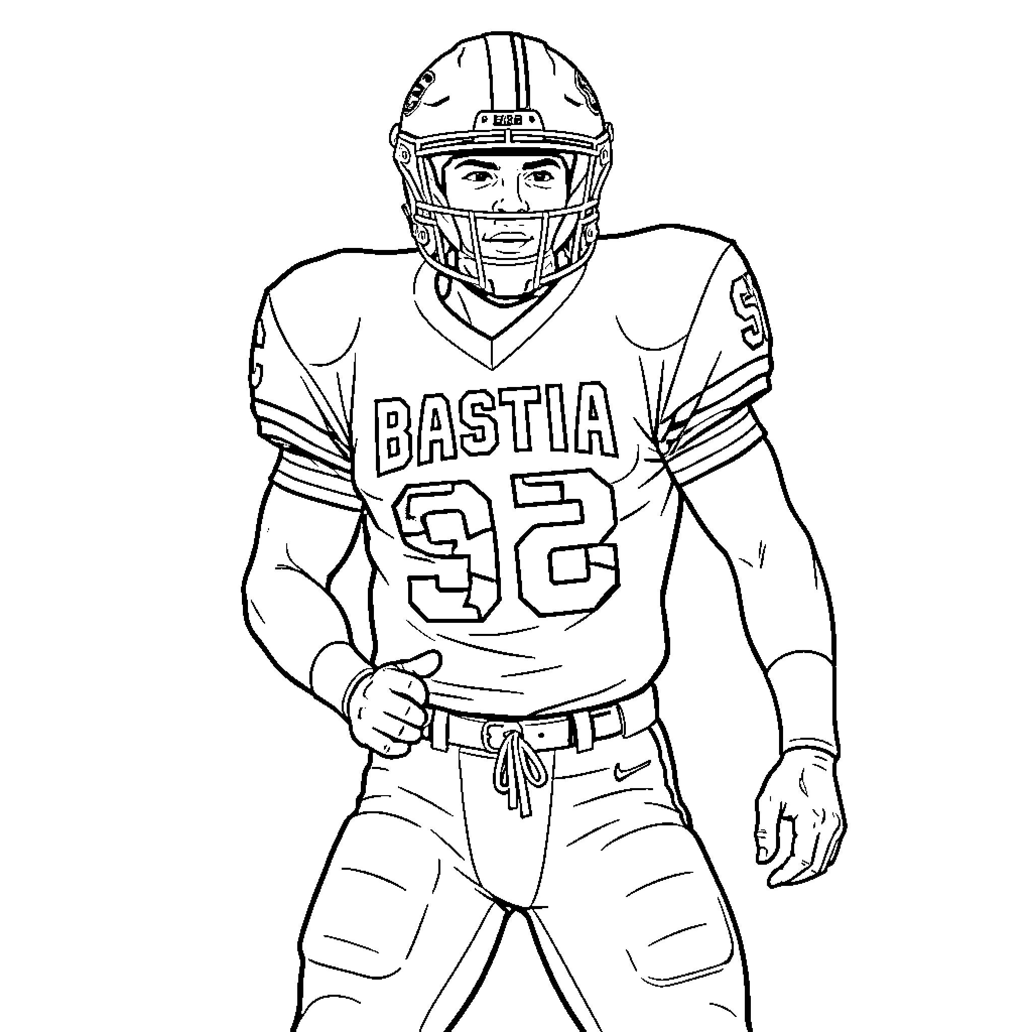 Football Player in uniform standing confidently in gear Coloring Page (free black-and-white line drawing printable PDF for all, from beginners to advanced learners, including children, teens, adults, and seniors)