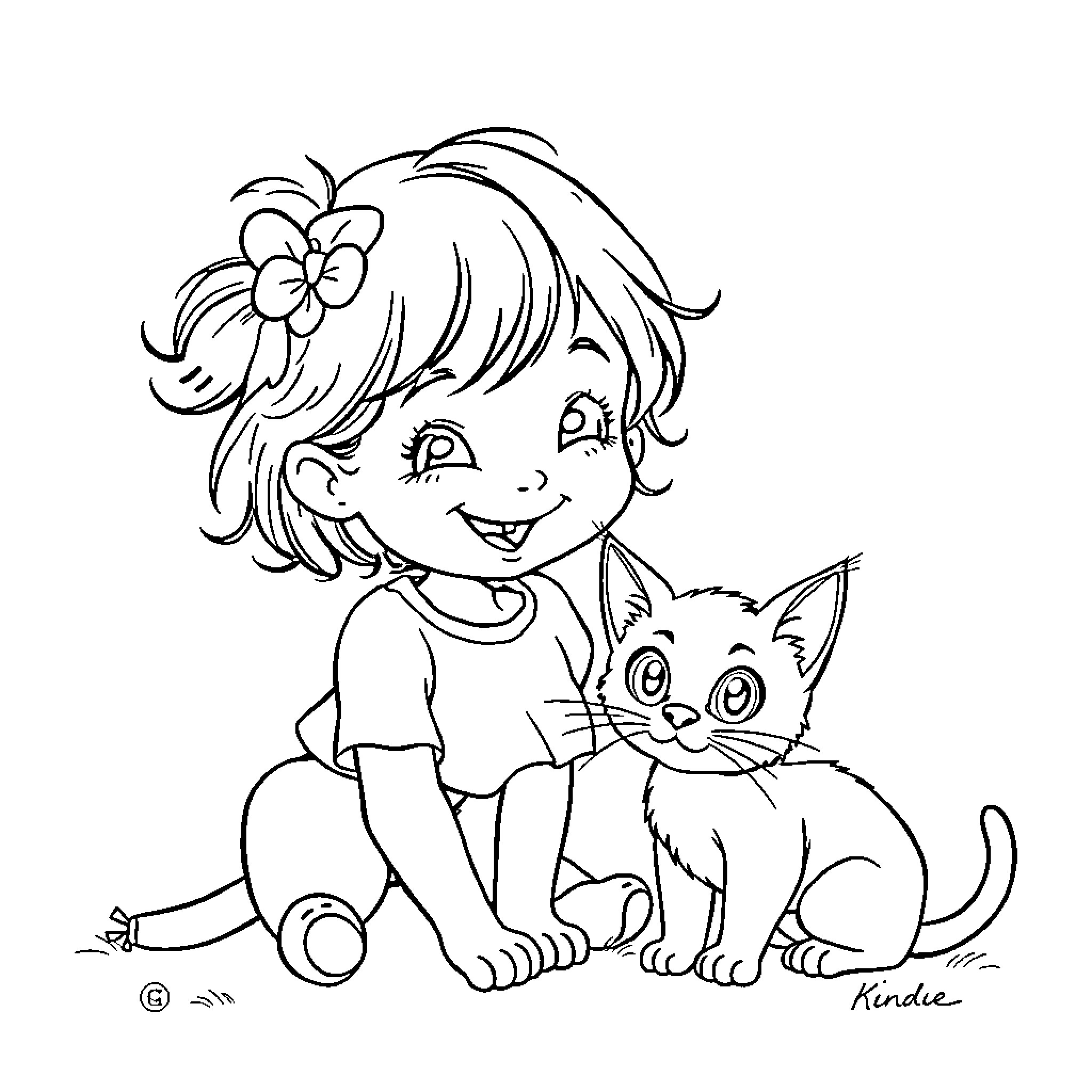 Child with pet kitten in happy scene Coloring Page (free black-and-white line drawing printable PDF for all, from beginners to advanced learners, including children, teens, adults, and seniors)