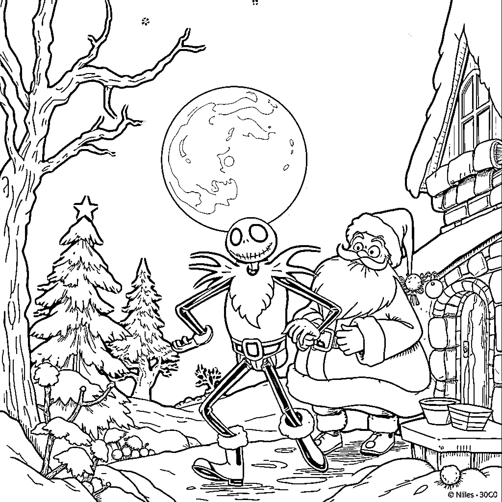 Jack Skellington's Spooky Holiday Adventure Coloring Page (free black-and-white line drawing printable PDF for all, from beginners to advanced learners, including children, teens, adults, and seniors)