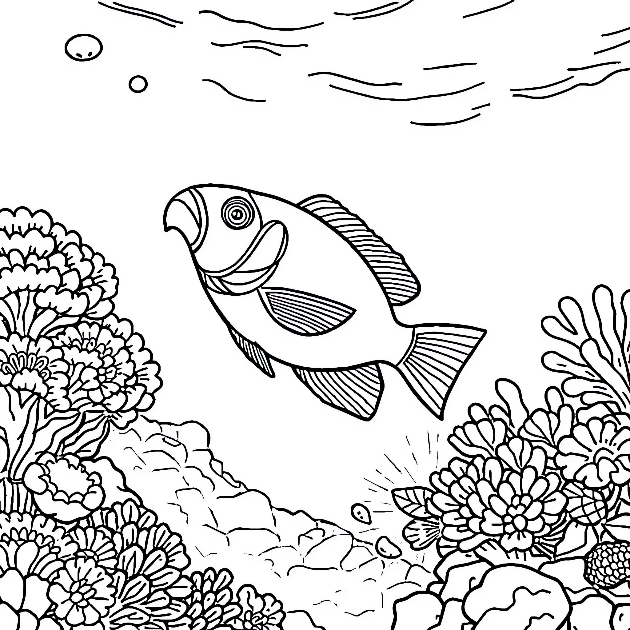 Parrotfish swimming among coral reefs Coloring Page (free black-and-white line drawing printable PDF for all, from beginners to advanced learners, including children, teens, adults, and seniors)
