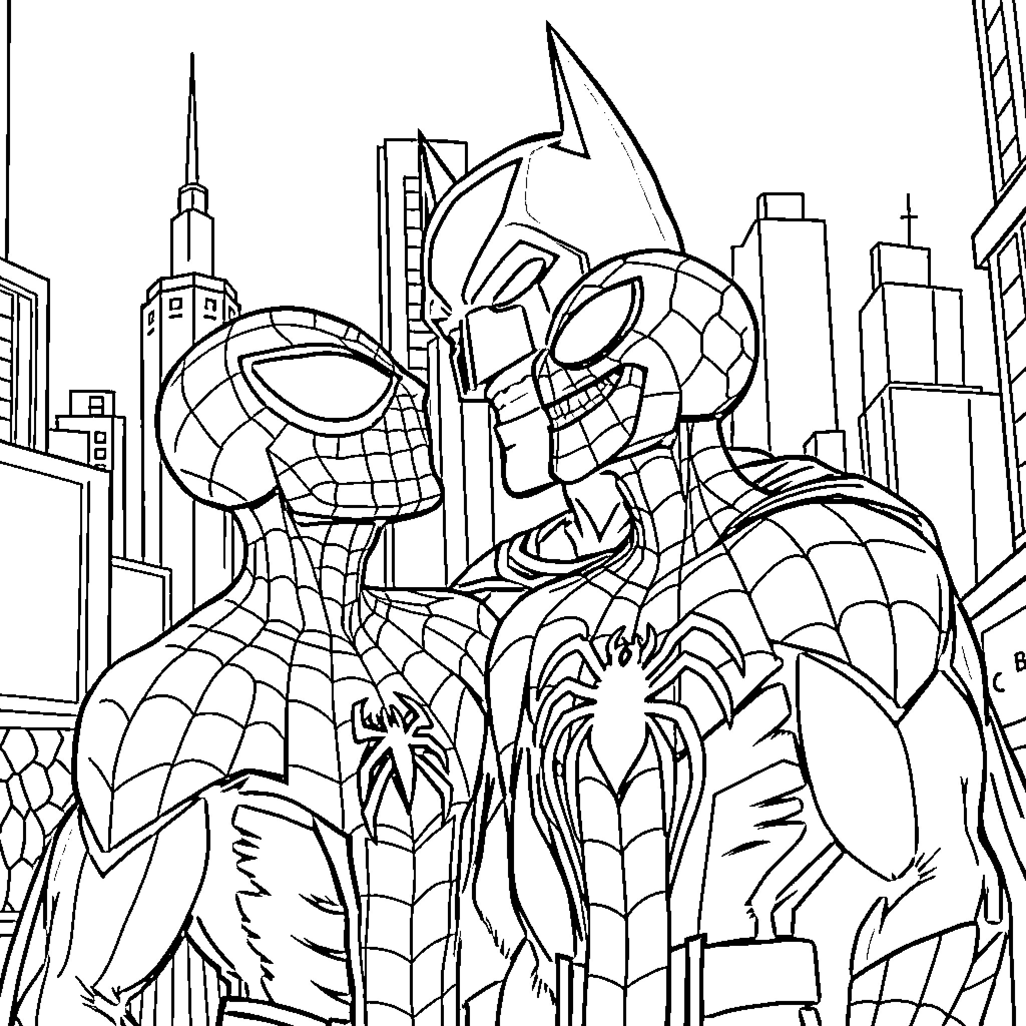 Spiderman in action-packed cityscape scene Coloring Page (free black-and-white line drawing printable PDF for all, from beginners to advanced learners, including children, teens, adults, and seniors)