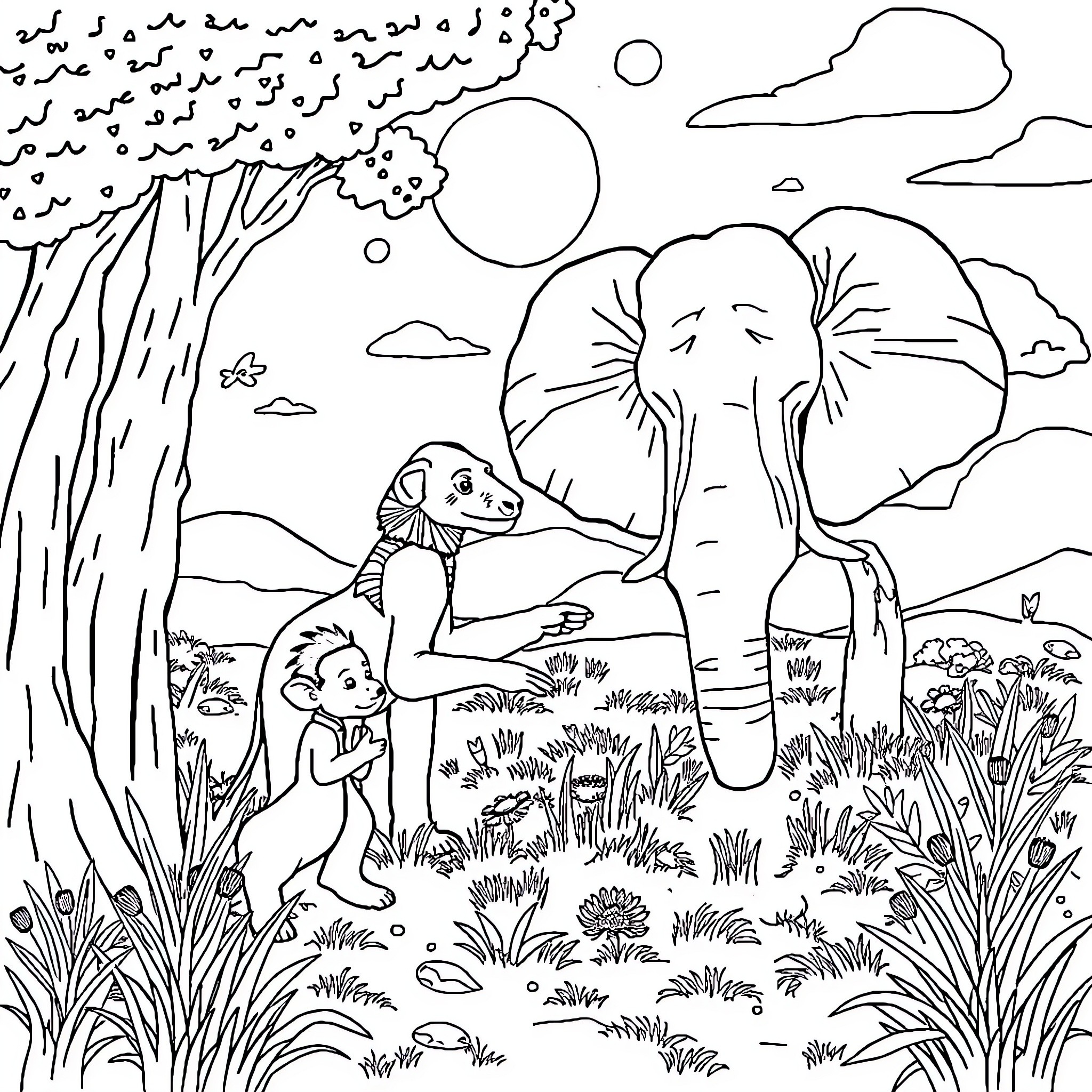 African Wildlife in the Serene Landscape Coloring Page (free black-and-white line drawing printable PDF for all, from beginners to advanced learners, including children, teens, adults, and seniors)
