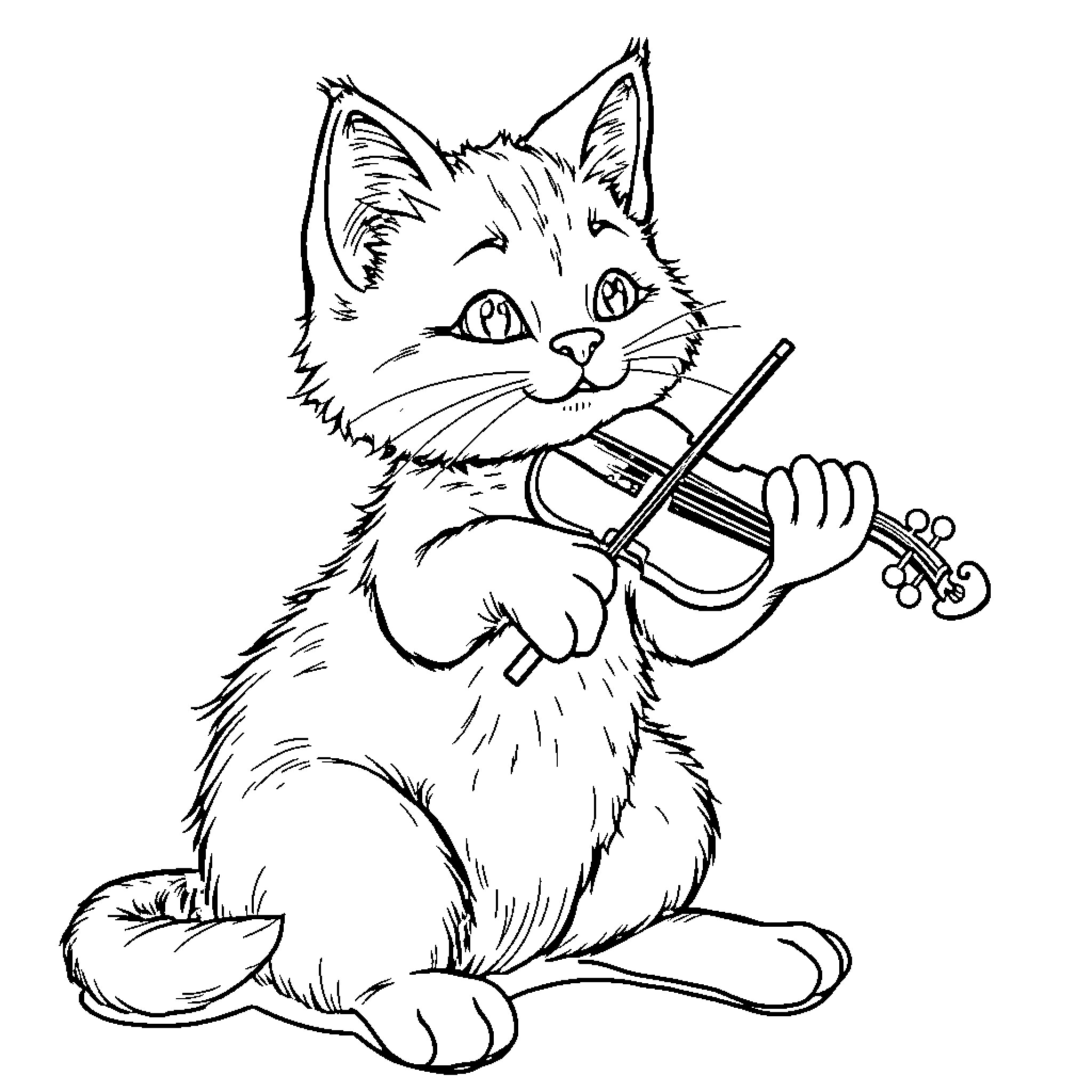 Cat playing a musical instrument Coloring Page (free black-and-white line drawing printable PDF for all, from beginners to advanced learners, including children, teens, adults, and seniors)