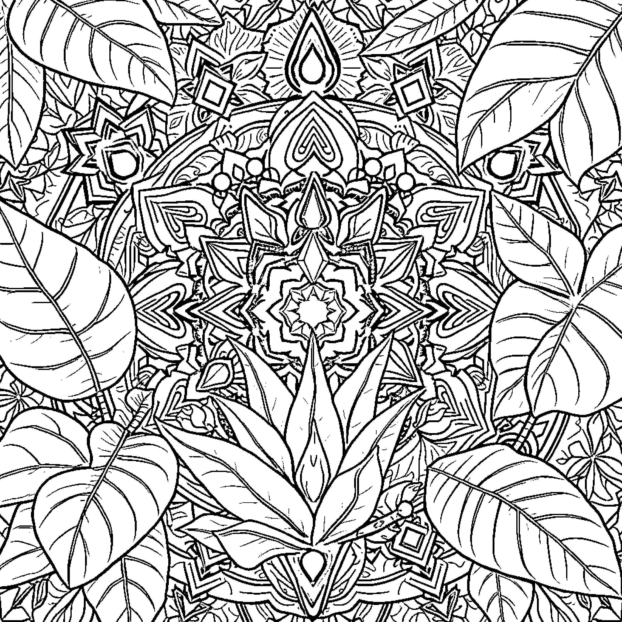 Mandala of intricate floral patterns and geometric shapes Coloring Page (free black-and-white line drawing printable PDF for all, from beginners to advanced learners, including children, teens, adults, and seniors)