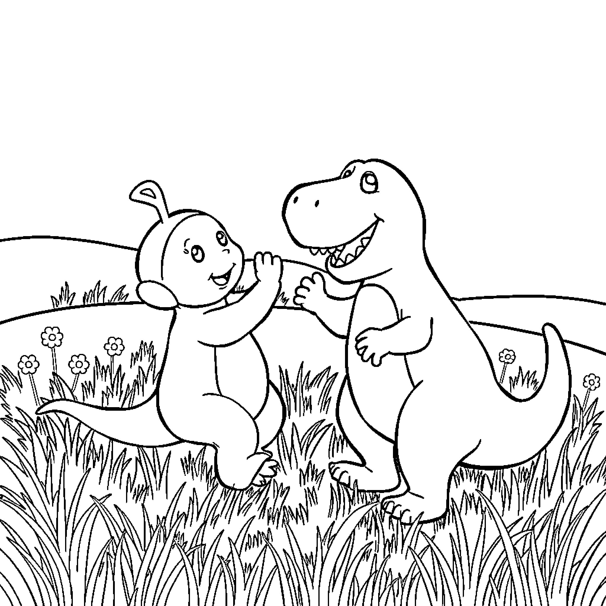 Barney and Friend Enjoying Outdoor Adventure Coloring Page (free black-and-white line drawing printable PDF for all, from beginners to advanced learners, including children, teens, adults, and seniors)