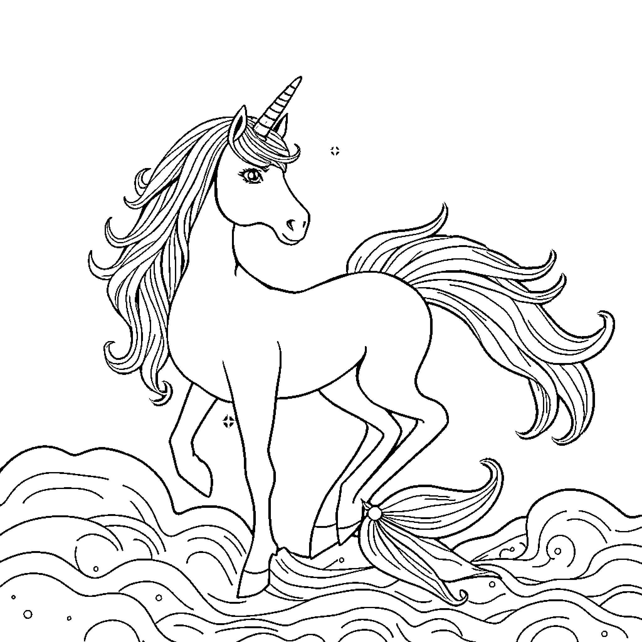 Unicorn standing proudly in a whimsical landscape Coloring Page (free black-and-white line drawing printable PDF for all, from beginners to advanced learners, including children, teens, adults, and seniors)