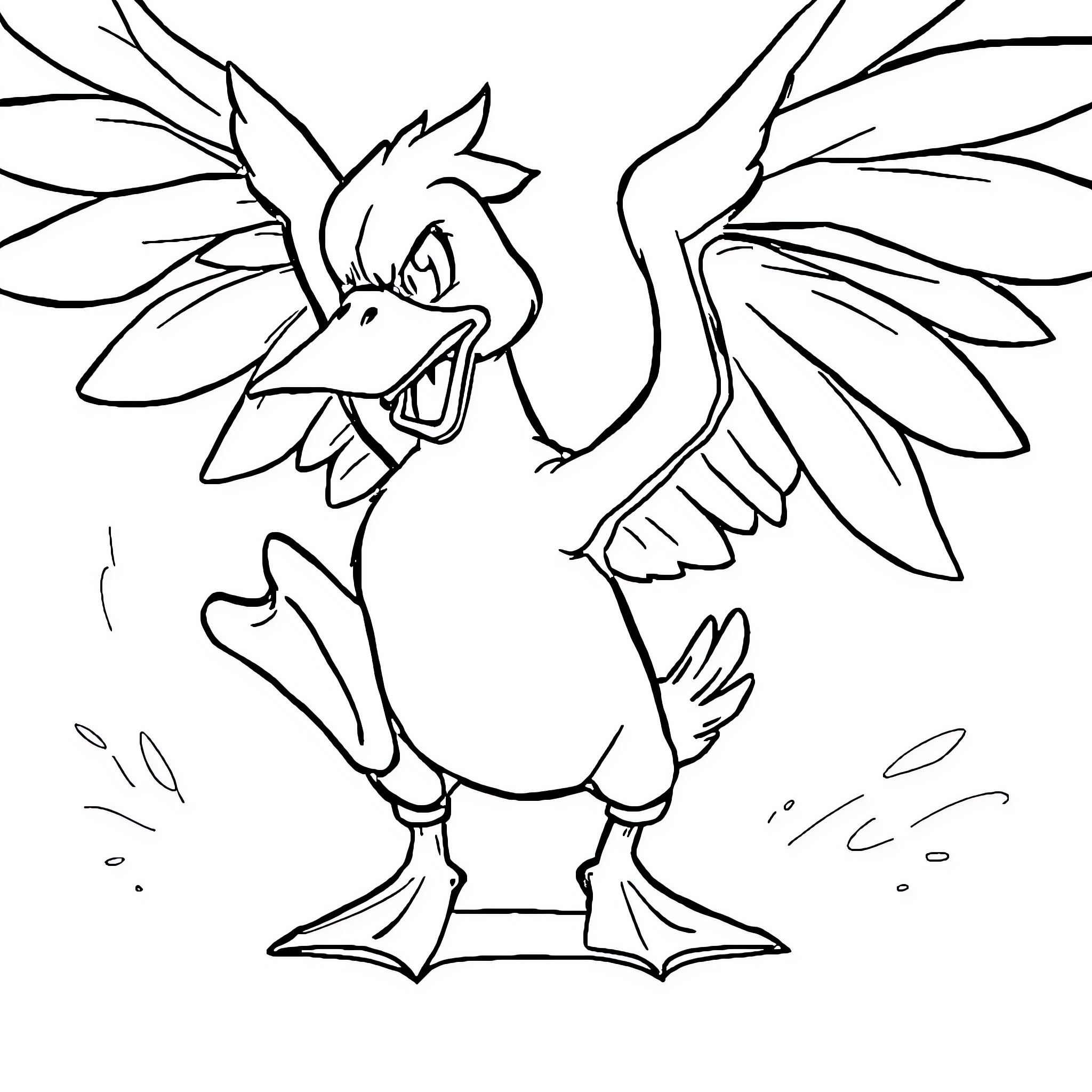 Psyduck taking flight with spread wings Coloring Page (free black-and-white line drawing printable PDF for all, from beginners to advanced learners, including children, teens, adults, and seniors)