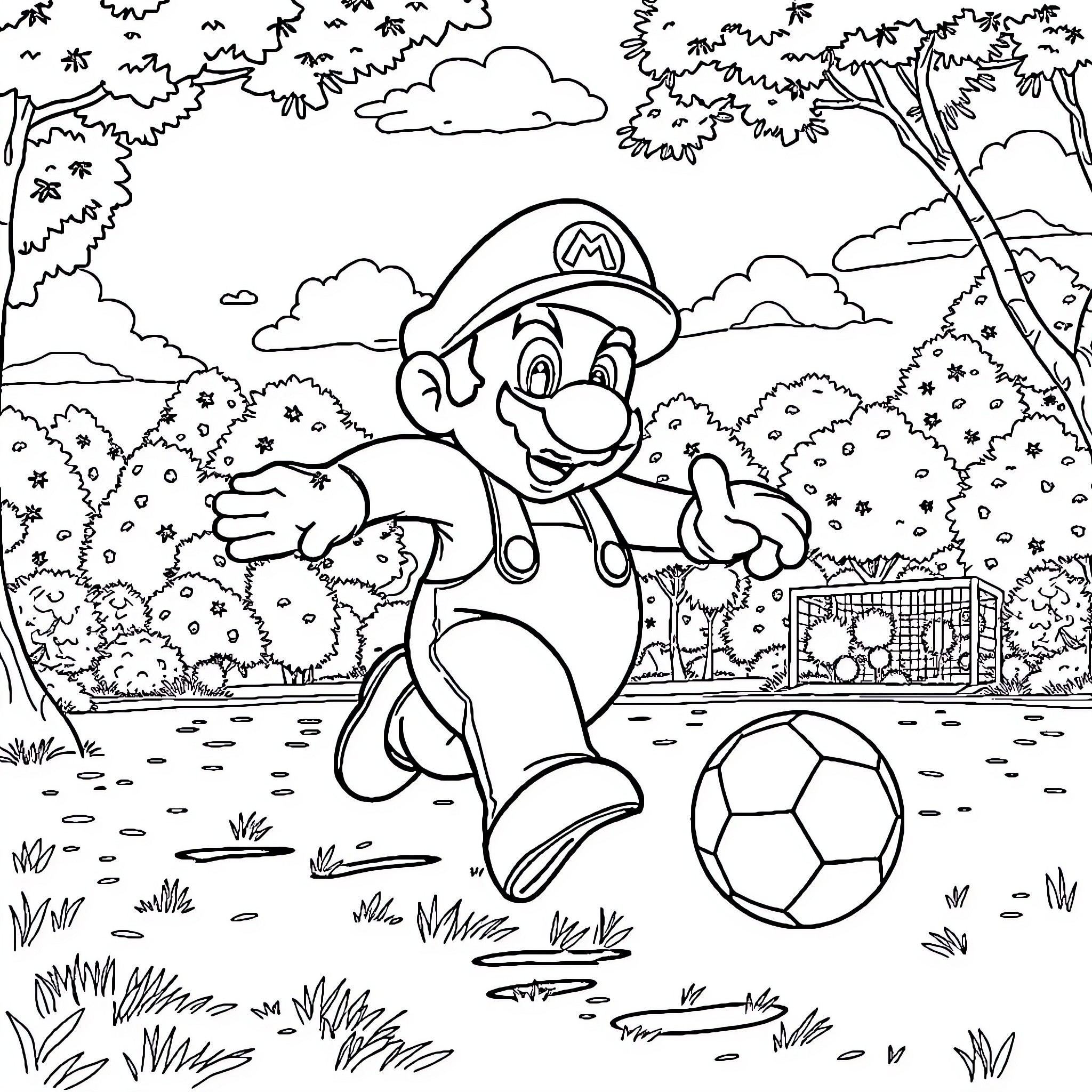 Mario playing soccer in the park Coloring Page (free black-and-white line drawing printable PDF for all, from beginners to advanced learners, including children, teens, adults, and seniors)