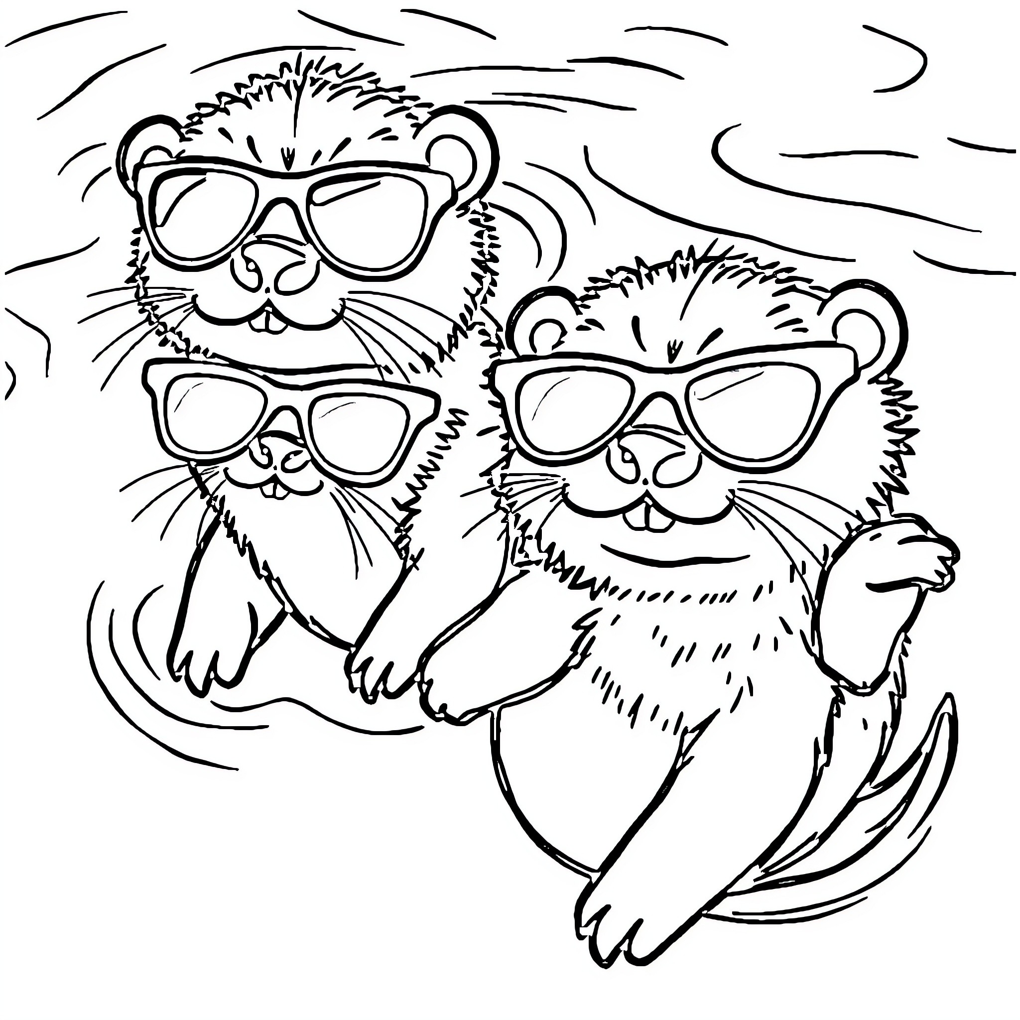 Otter friends wearing sunglasses in windy weather Coloring Page (free black-and-white line drawing printable PDF for all, from beginners to advanced learners, including children, teens, adults, and seniors)