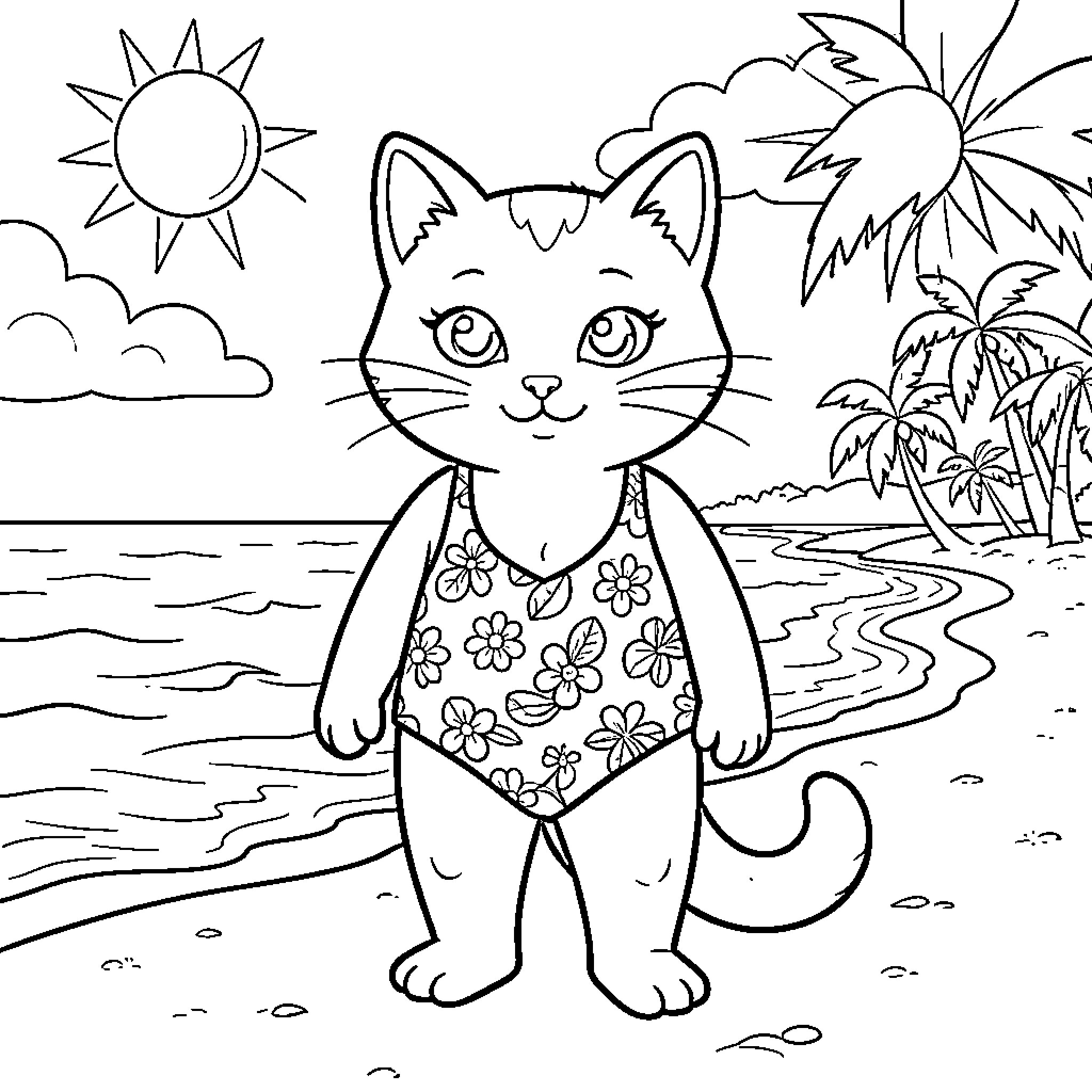 Gato enjoying a day at the beach Coloring Page (free black-and-white line drawing printable PDF for all, from beginners to advanced learners, including children, teens, adults, and seniors)