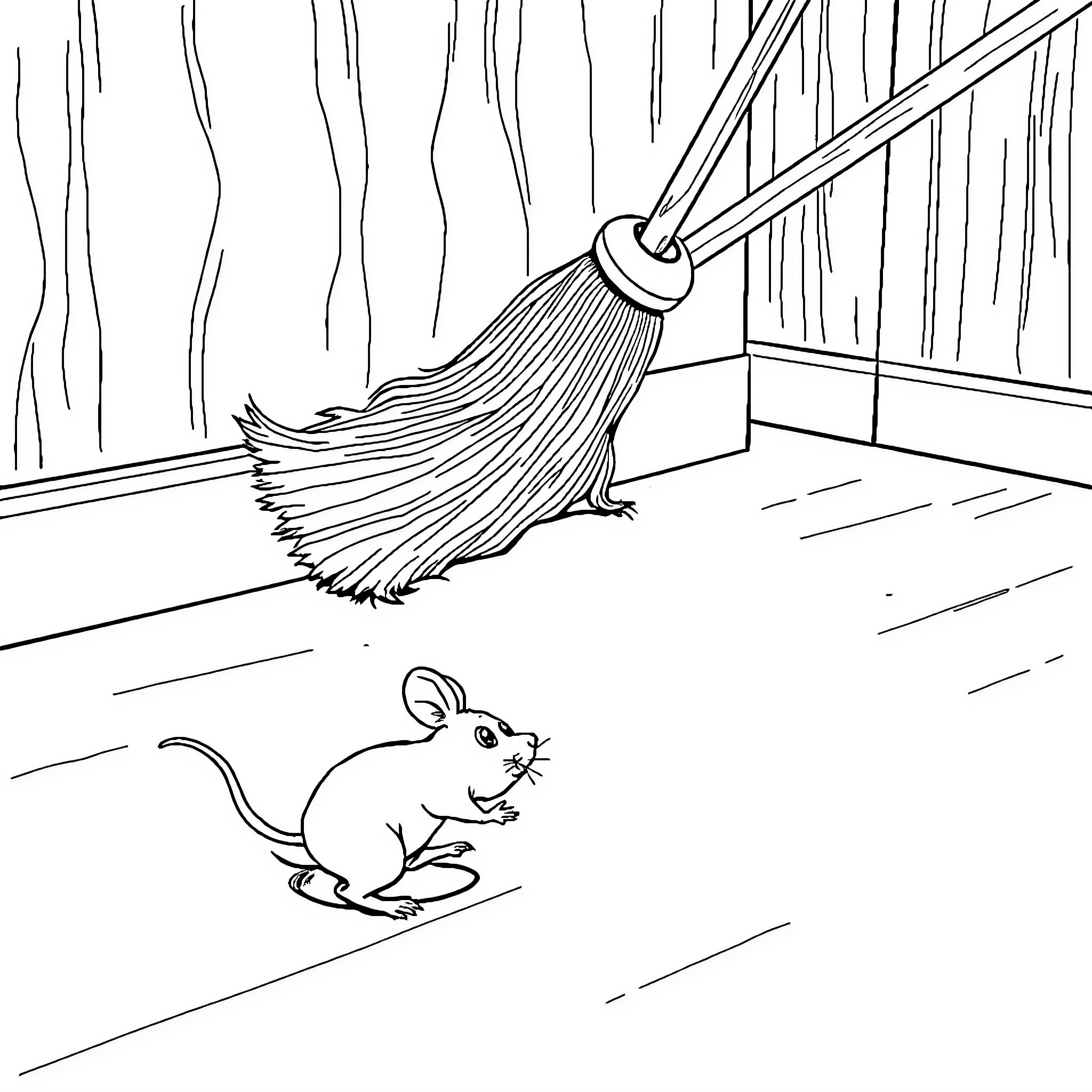 Mouse hiding from broom in the corner Coloring Page (free black-and-white line drawing printable PDF for all, from beginners to advanced learners, including children, teens, adults, and seniors)
