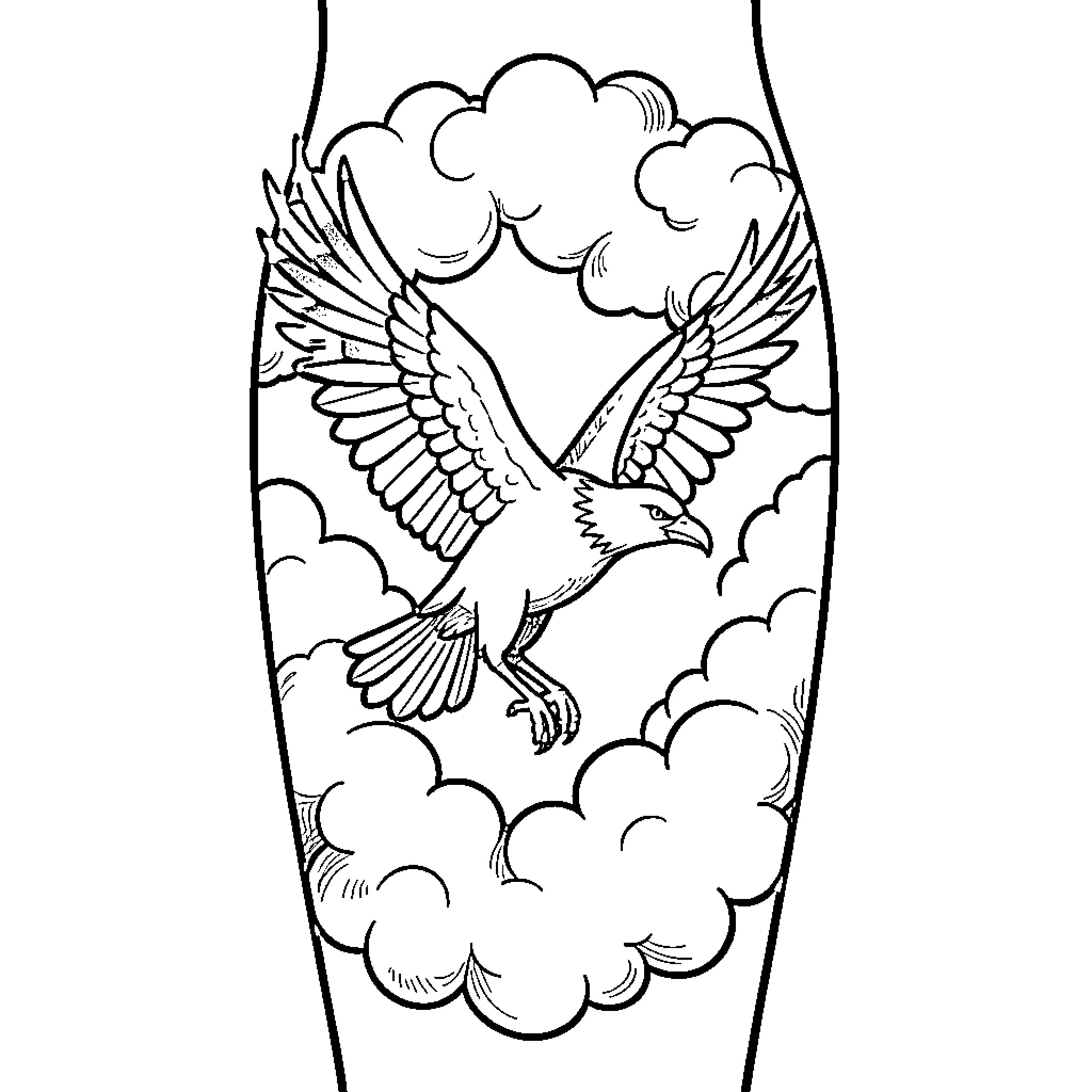 Milano: Soaring Eagle Amid Clouds Coloring Page (free black-and-white line drawing printable PDF for all, from beginners to advanced learners, including children, teens, adults, and seniors)