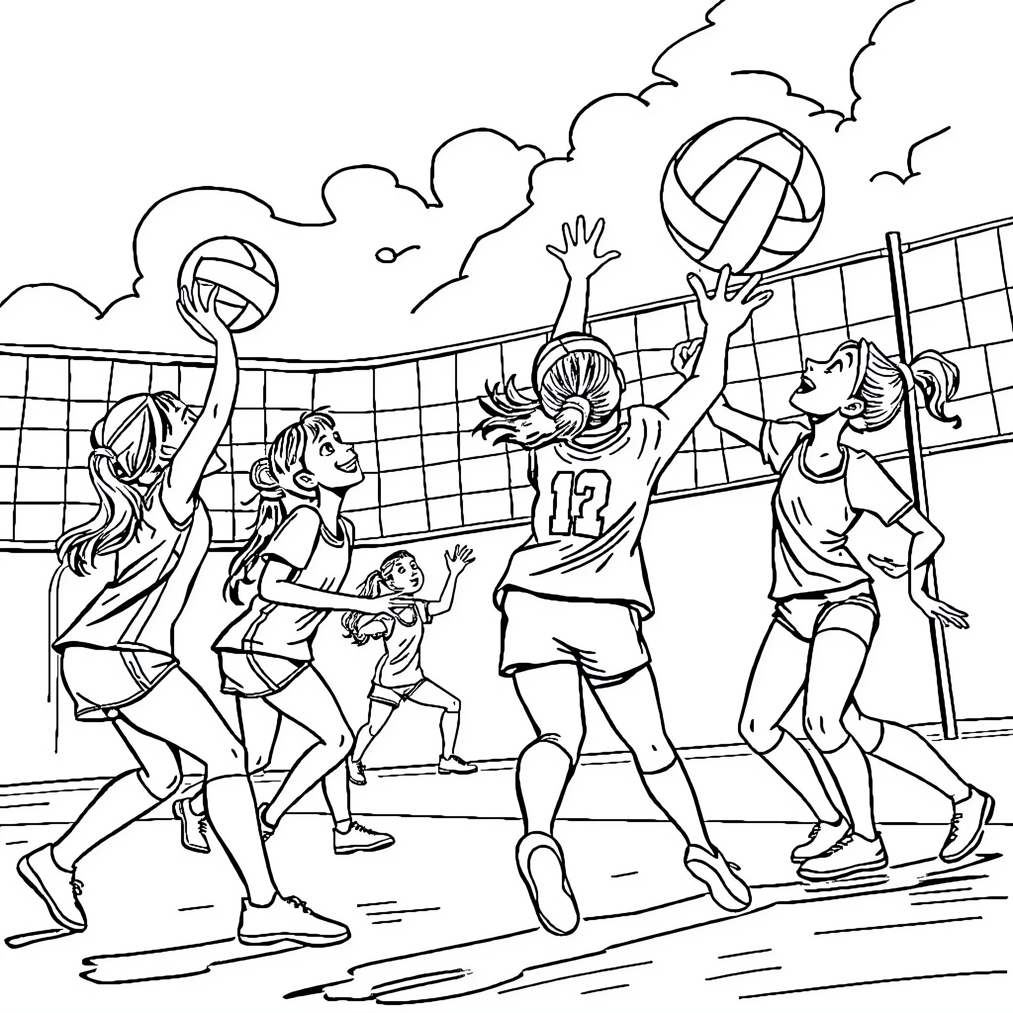 Volleyball Game with Animated Athletes in Action Coloring Page (free black-and-white line drawing printable PDF for all, from beginners to advanced learners, including children, teens, adults, and seniors)