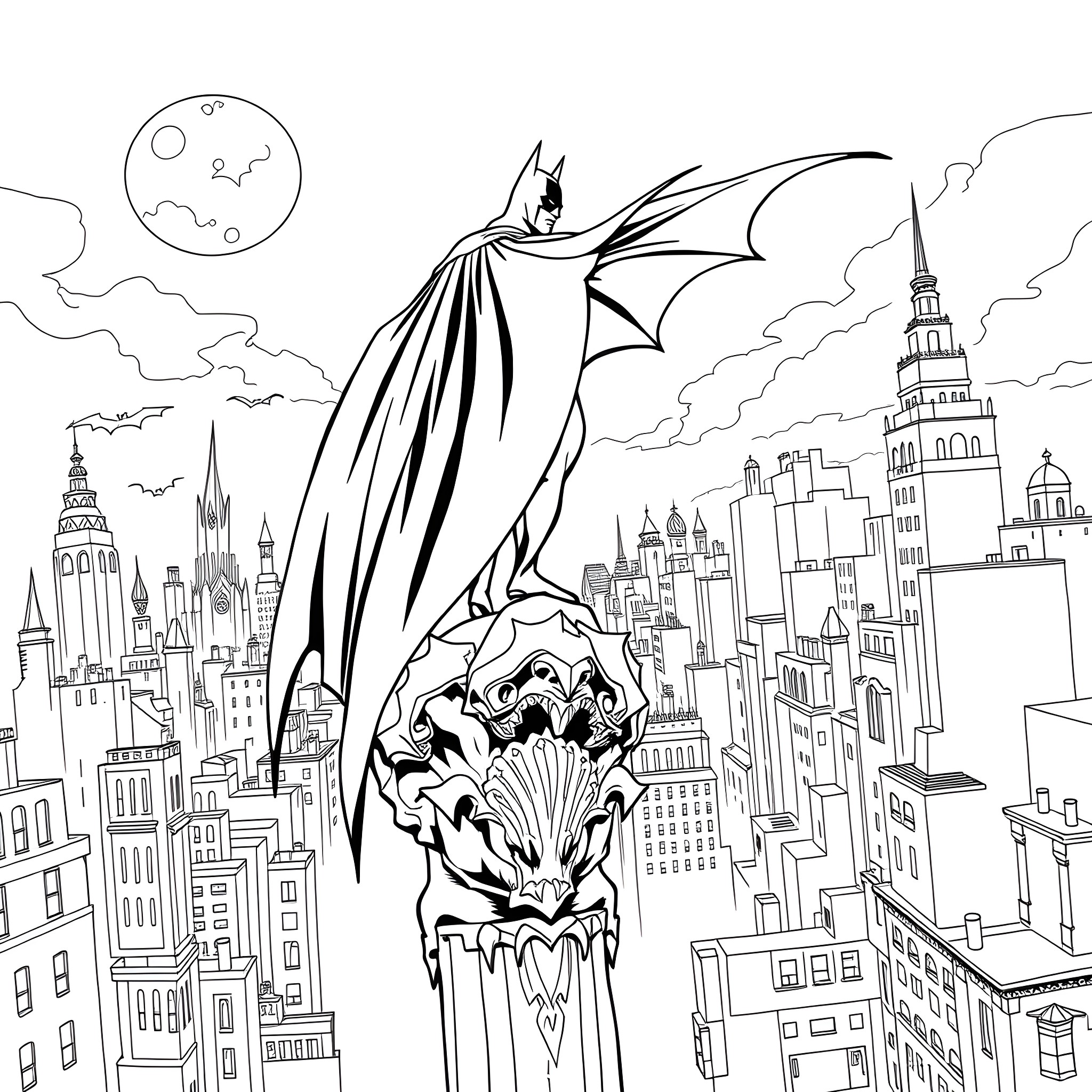 Batman soaring over the dark city skyline Coloring Page (free black-and-white line drawing printable PDF for all, from beginners to advanced learners, including children, teens, adults, and seniors)