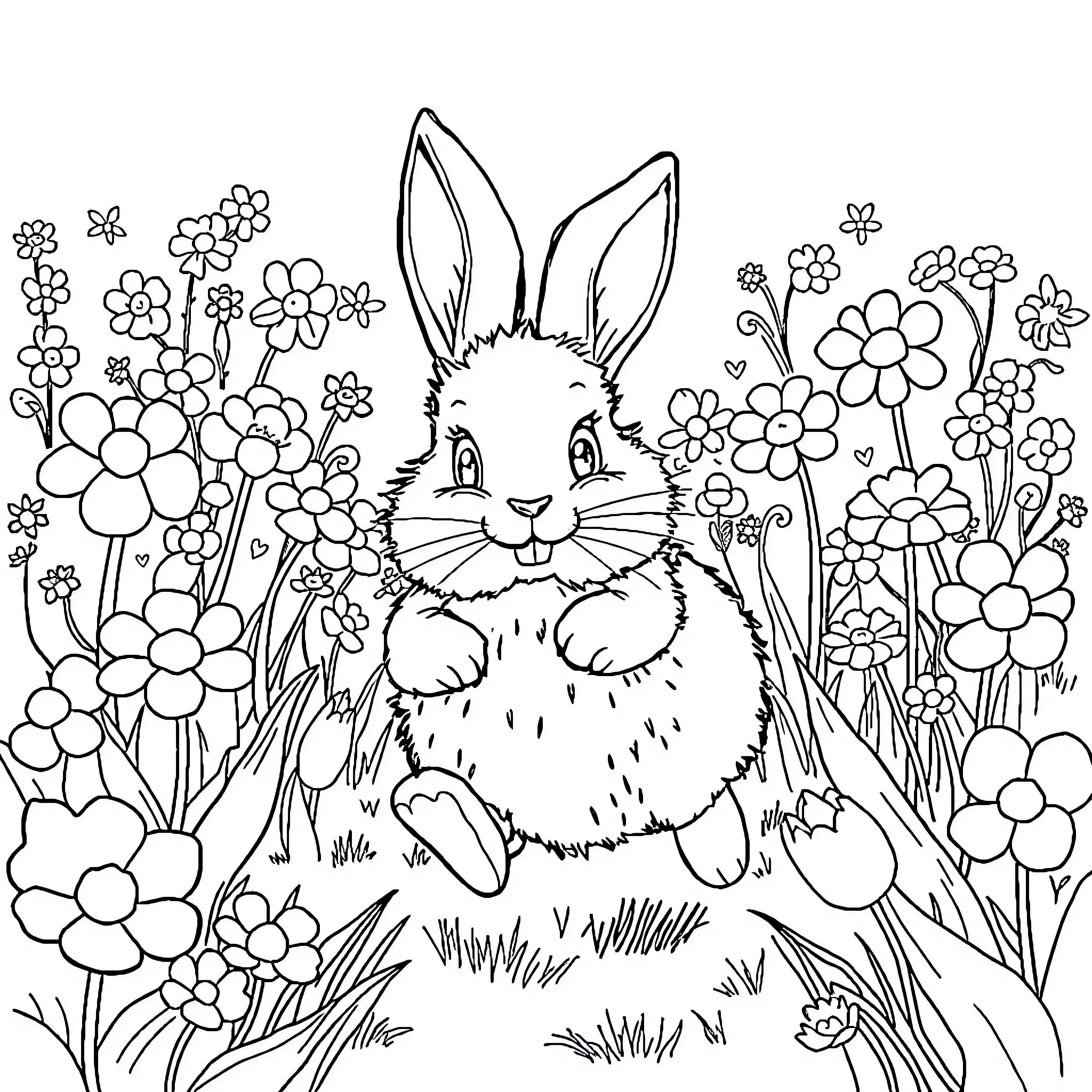 Rabbit surrounded by whimsical flowers in a garden Coloring Page (free black-and-white line drawing printable PDF for all, from beginners to advanced learners, including children, teens, adults, and seniors)
