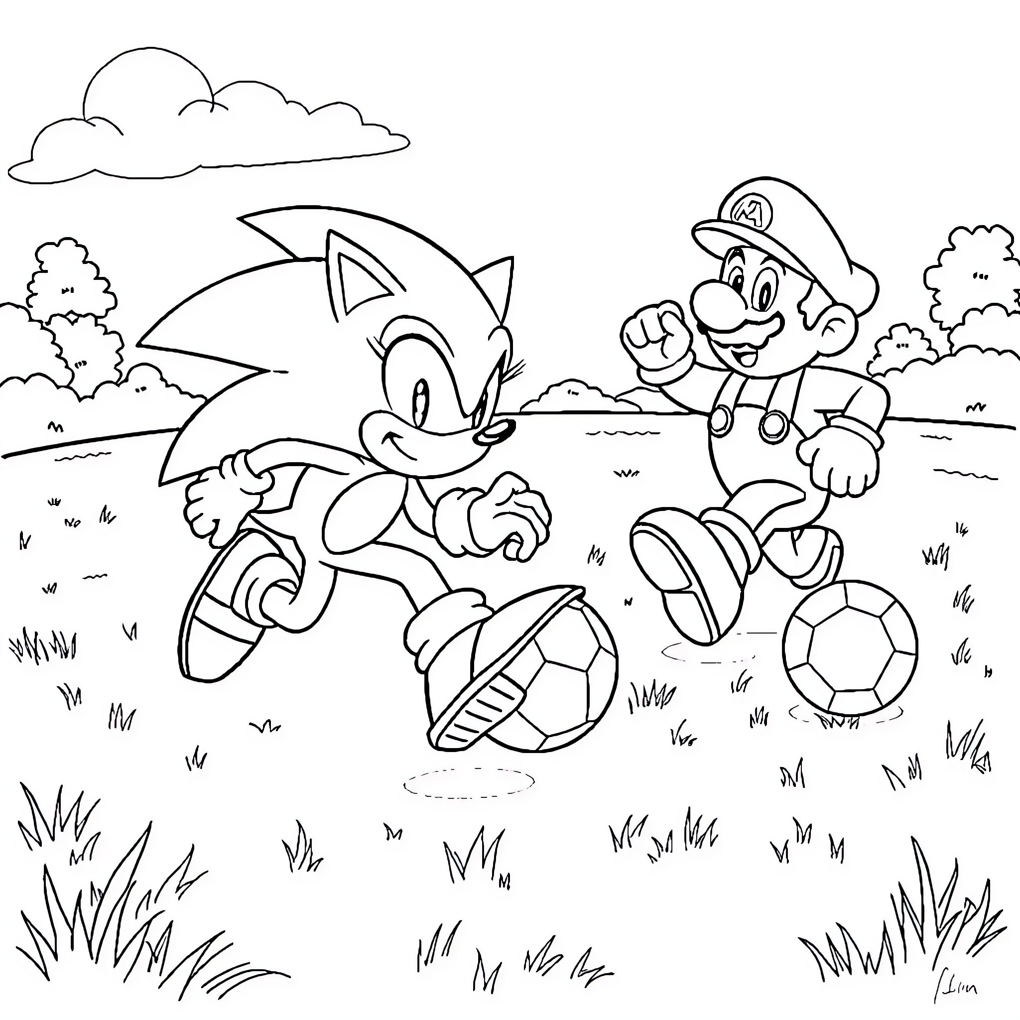 Sonic and Mario playing together outdoors Coloring Page (free black-and-white line drawing printable PDF for all, from beginners to advanced learners, including children, teens, adults, and seniors)