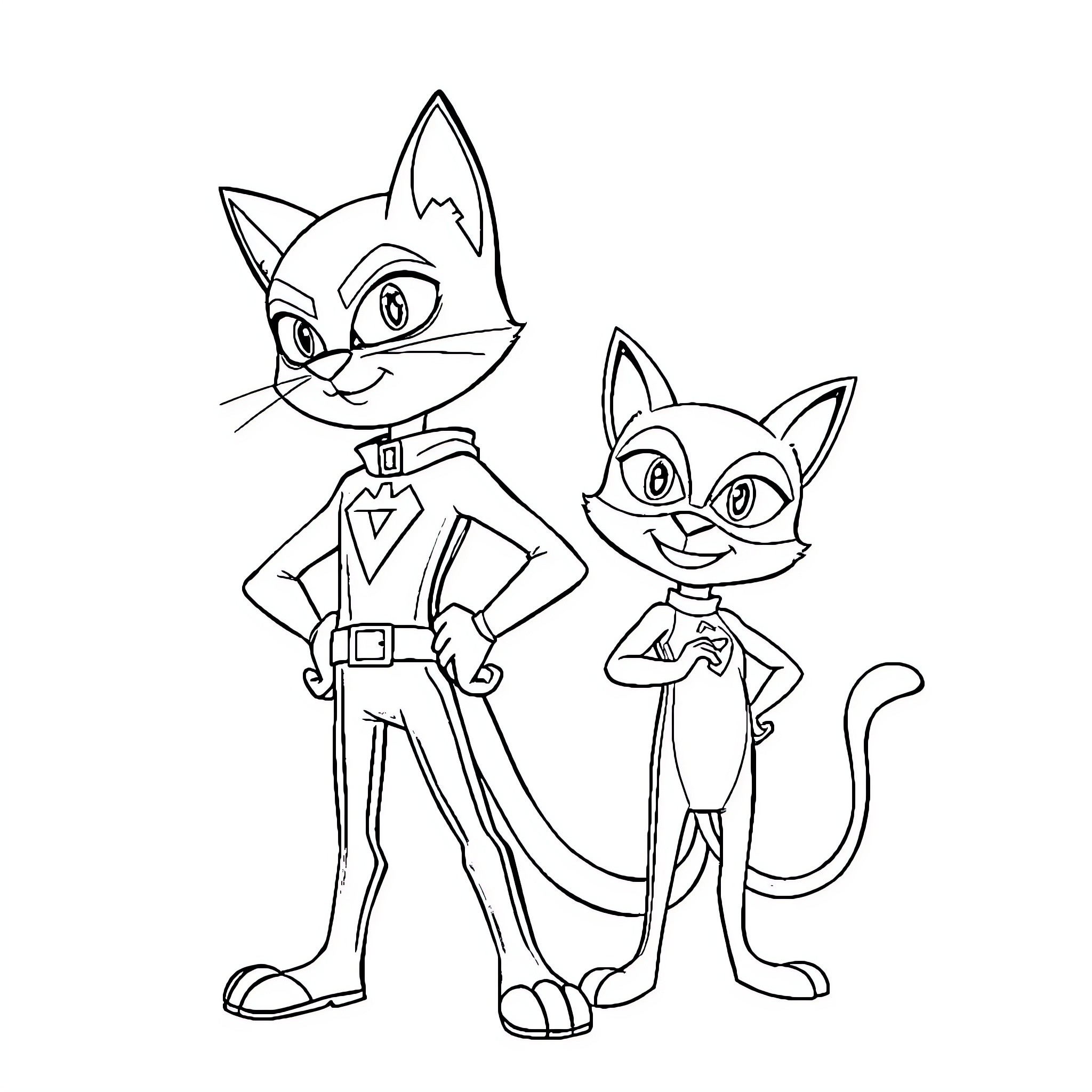 Cat Noir and Sidekick Exploring Adventure Coloring Page (free black-and-white line drawing printable PDF for all, from beginners to advanced learners, including children, teens, adults, and seniors)