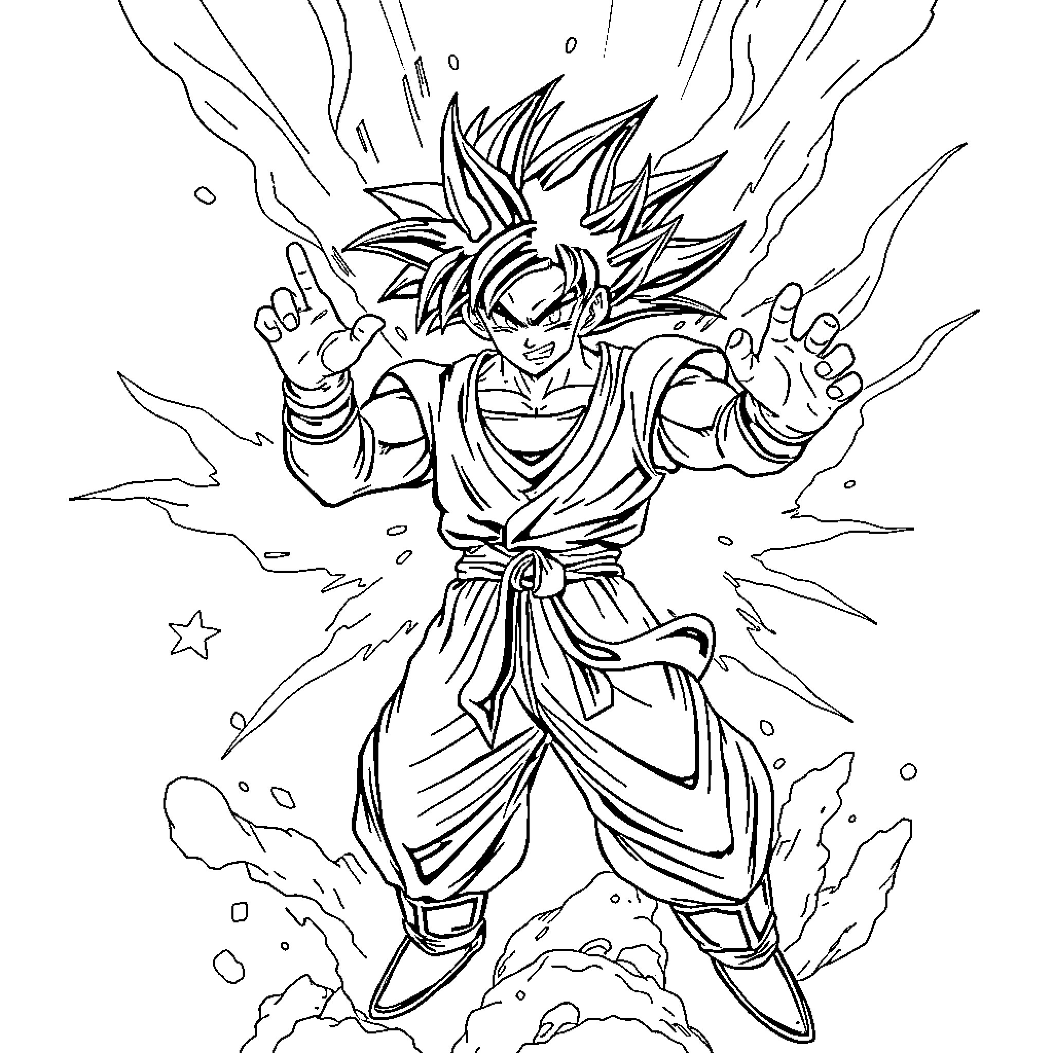 Goku unleashing powerful energy attack Coloring Page (free black-and-white line drawing printable PDF for all, from beginners to advanced learners, including children, teens, adults, and seniors)