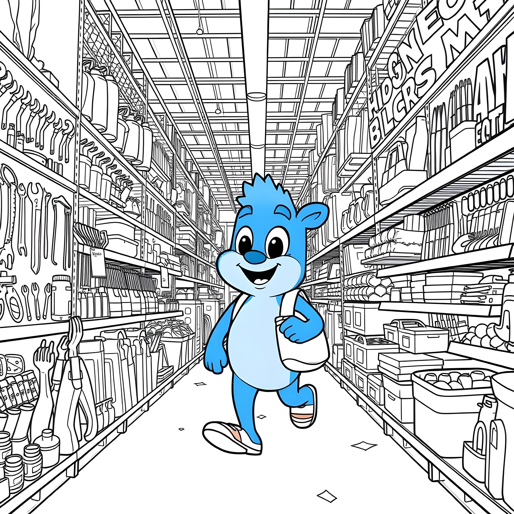 Bluey exploring the aisles of a hardware store Coloring Page (free black-and-white line drawing printable PDF for all, from beginners to advanced learners, including children, teens, adults, and seniors)