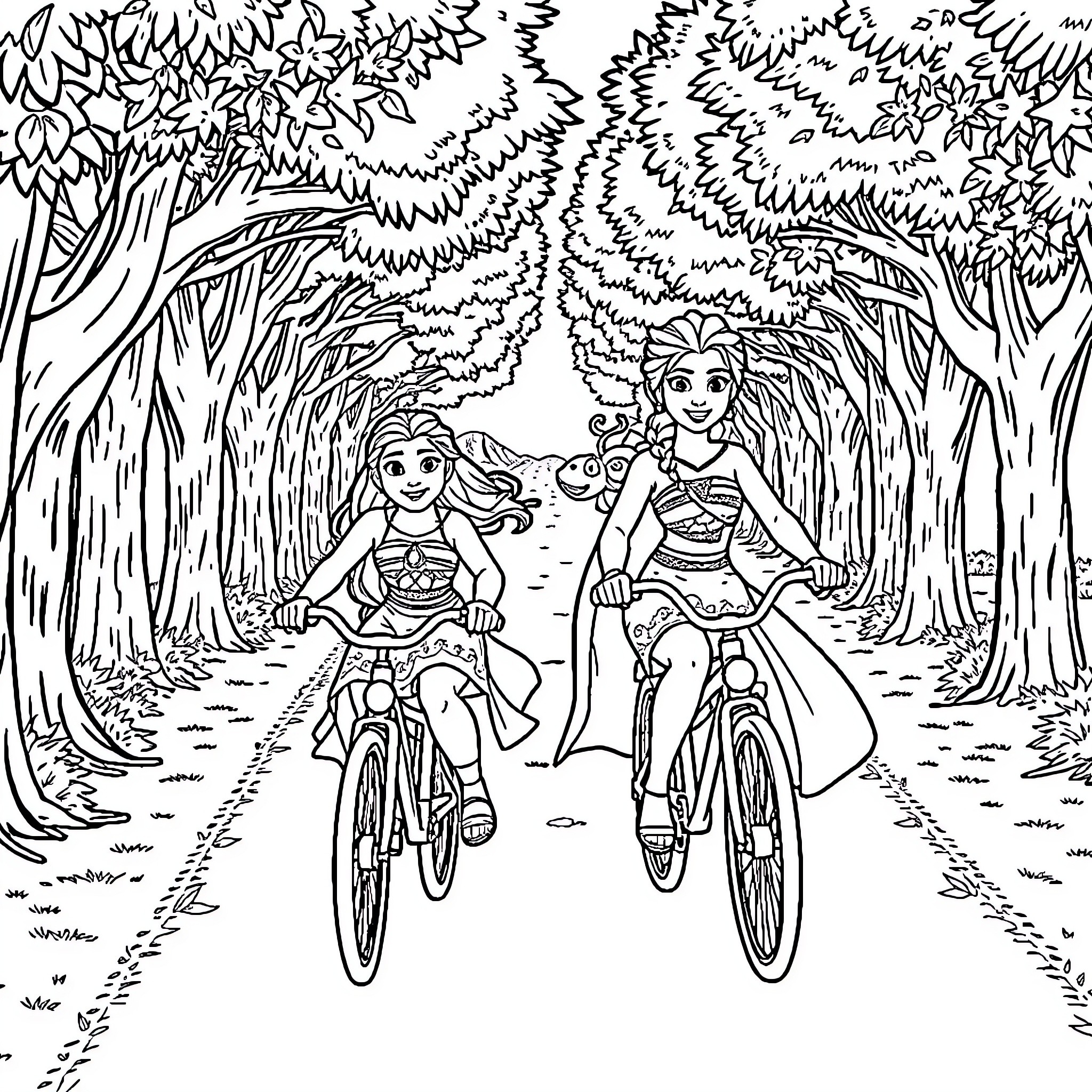 Moana and friend biking through the enchanted forest Coloring Page (free black-and-white line drawing printable PDF for all, from beginners to advanced learners, including children, teens, adults, and seniors)
